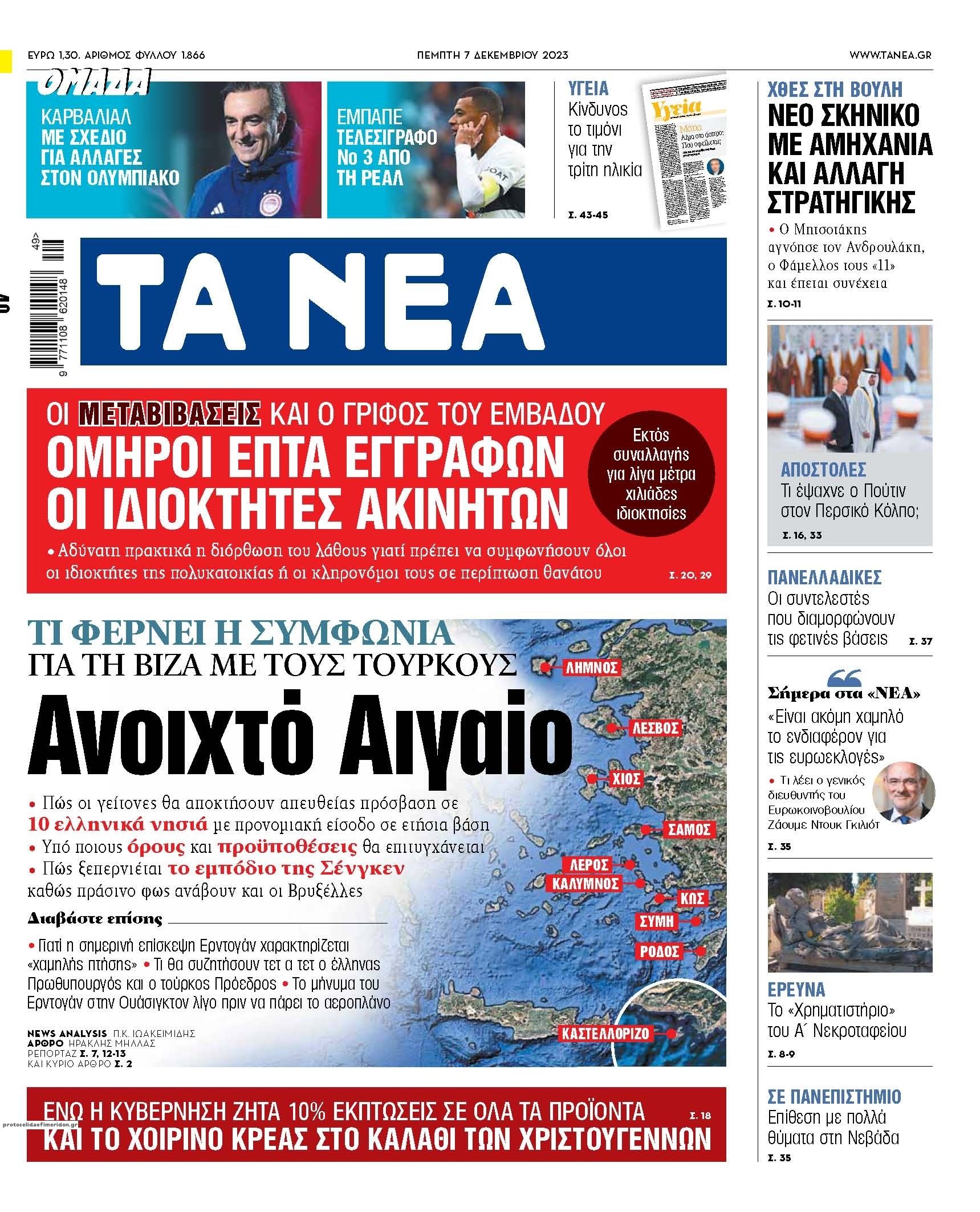 Πρωτοσέλιδο εφημερίδας Τα Νέα