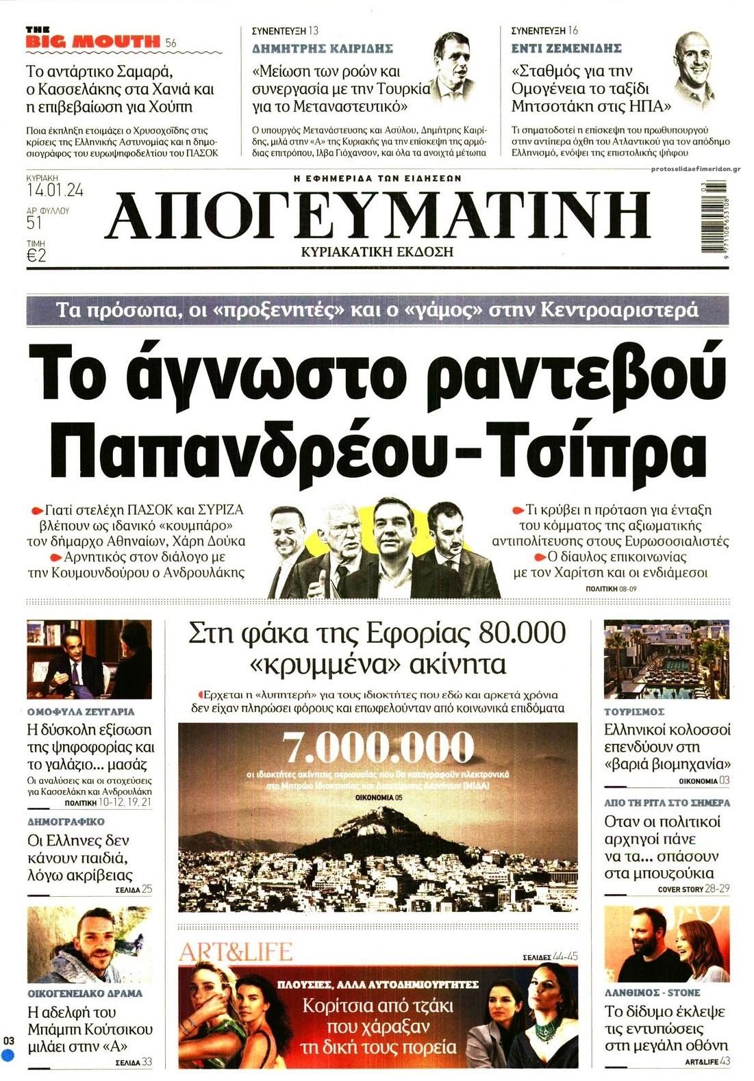 Πρωτοσέλιδο εφημερίδας Απογευματινή