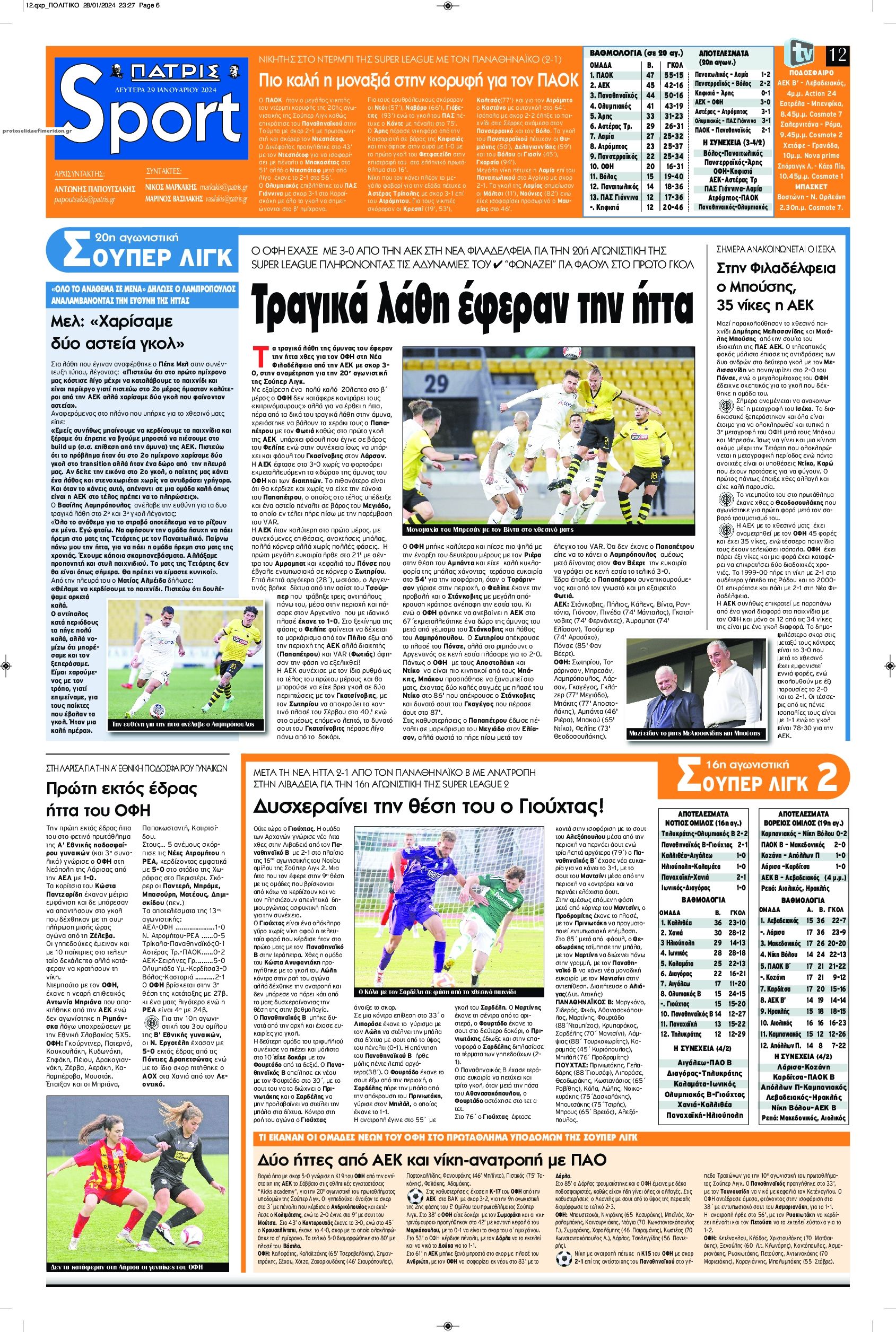 Πρωτοσέλιδο εφημερίδας Πατρίς Σπορ