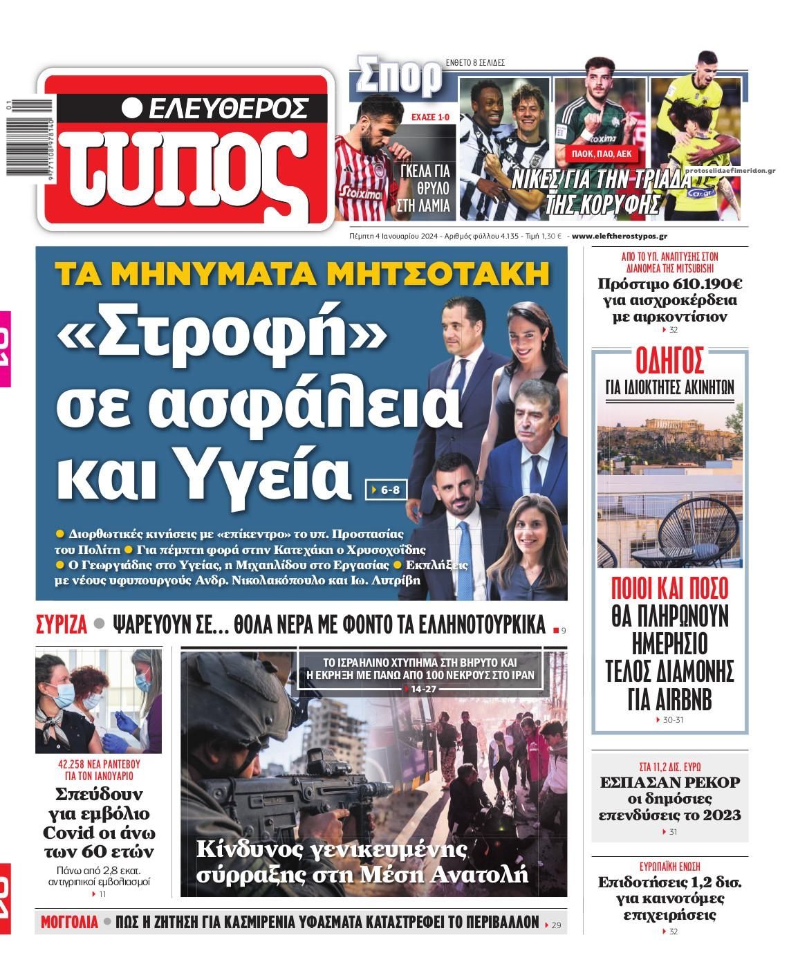 Πρωτοσέλιδο εφημερίδας Ελεύθερος Τύπος