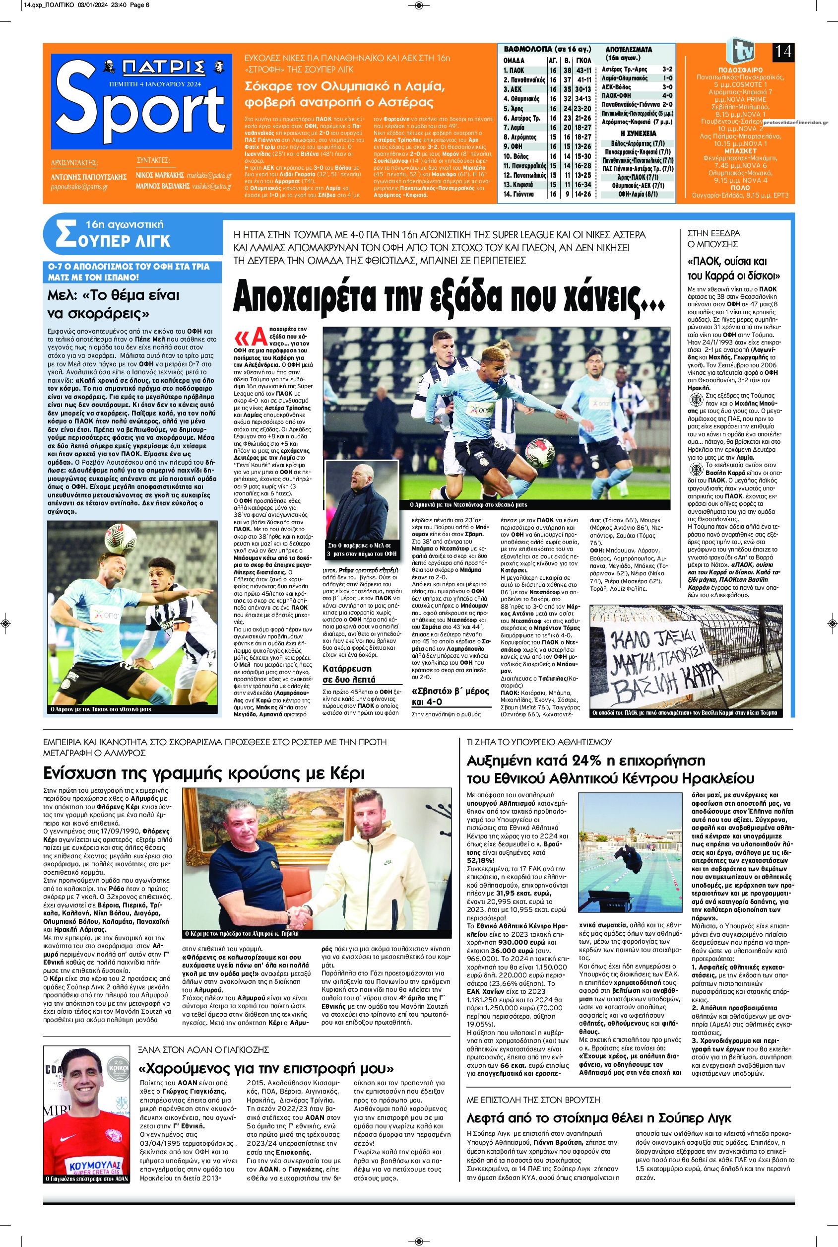 Πρωτοσέλιδο εφημερίδας Πατρίς Σπορ