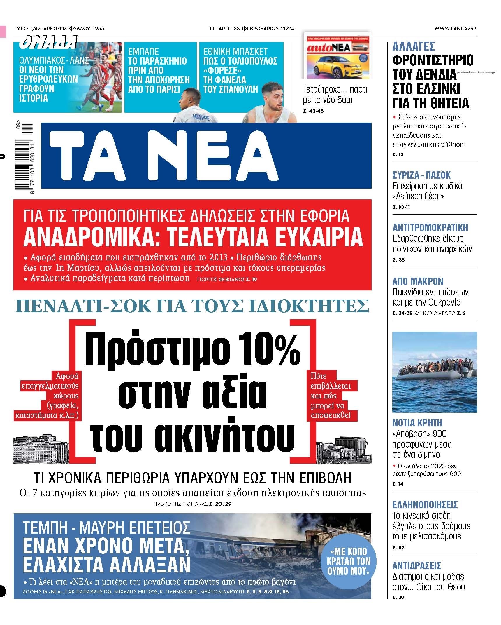 Πρωτοσέλιδο εφημερίδας Τα Νέα