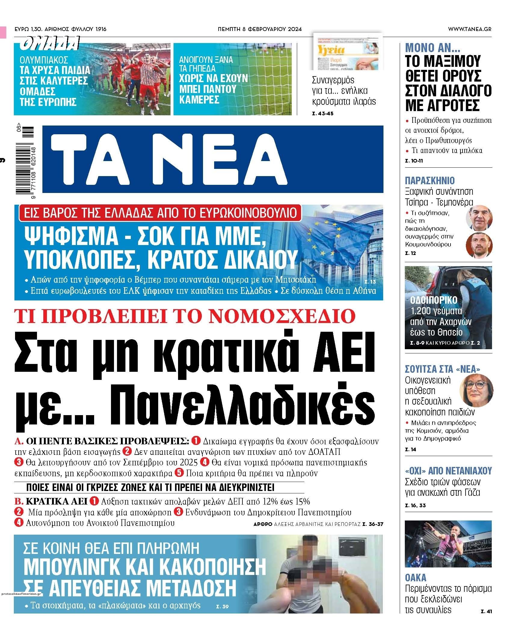 Πρωτοσέλιδο εφημερίδας Τα Νέα