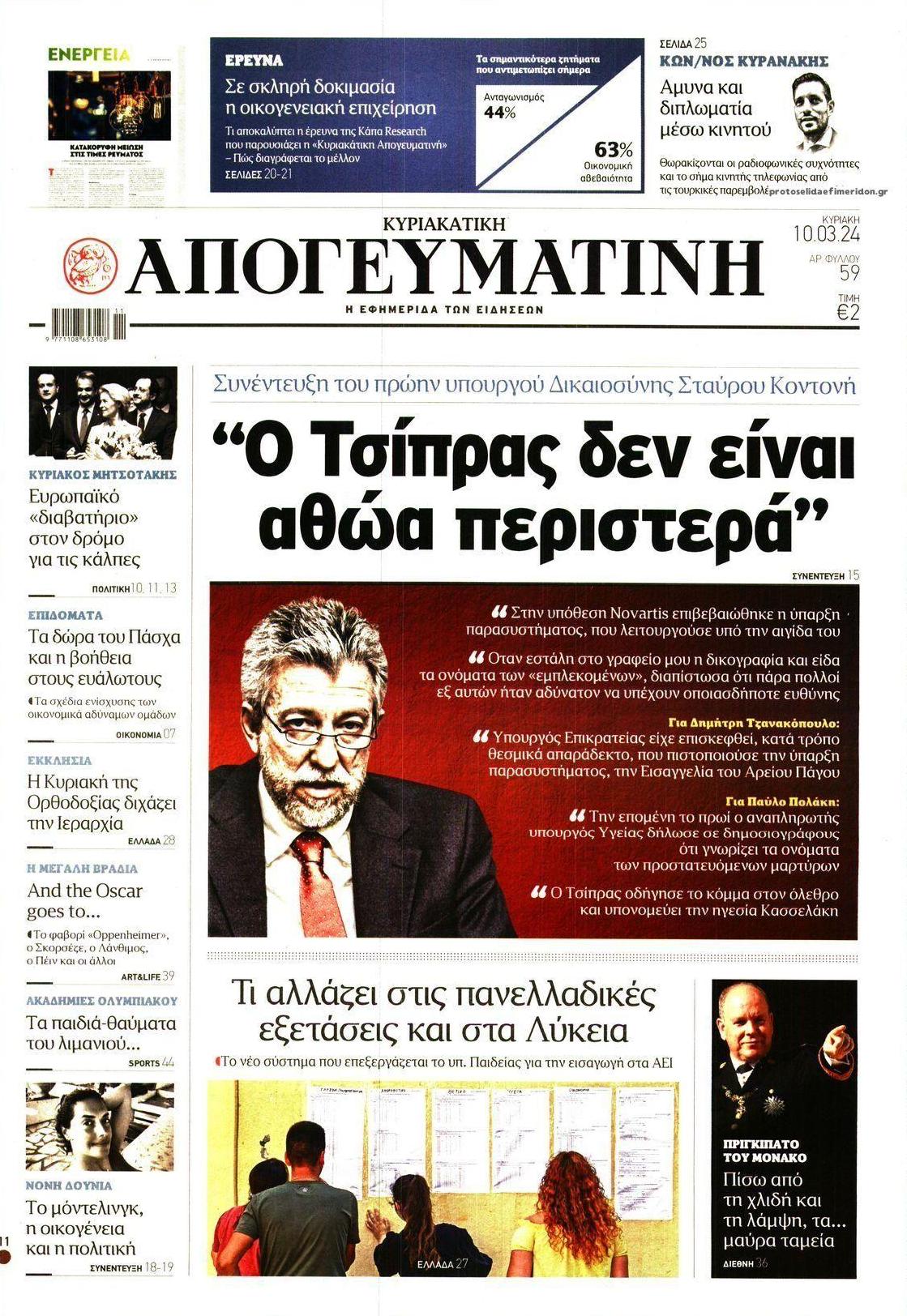 Πρωτοσέλιδο εφημερίδας Απογευματινή