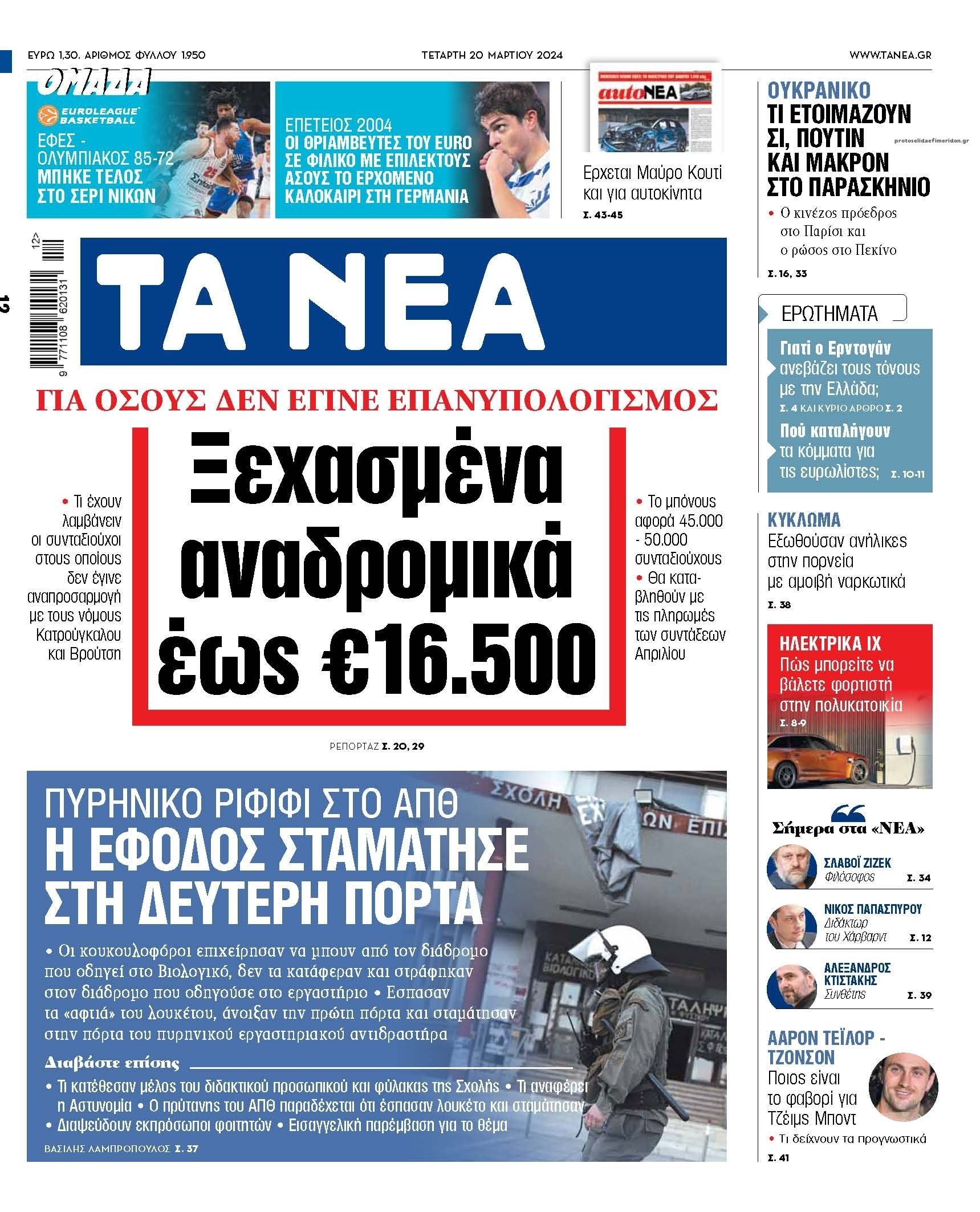 Πρωτοσέλιδο εφημερίδας Τα Νέα