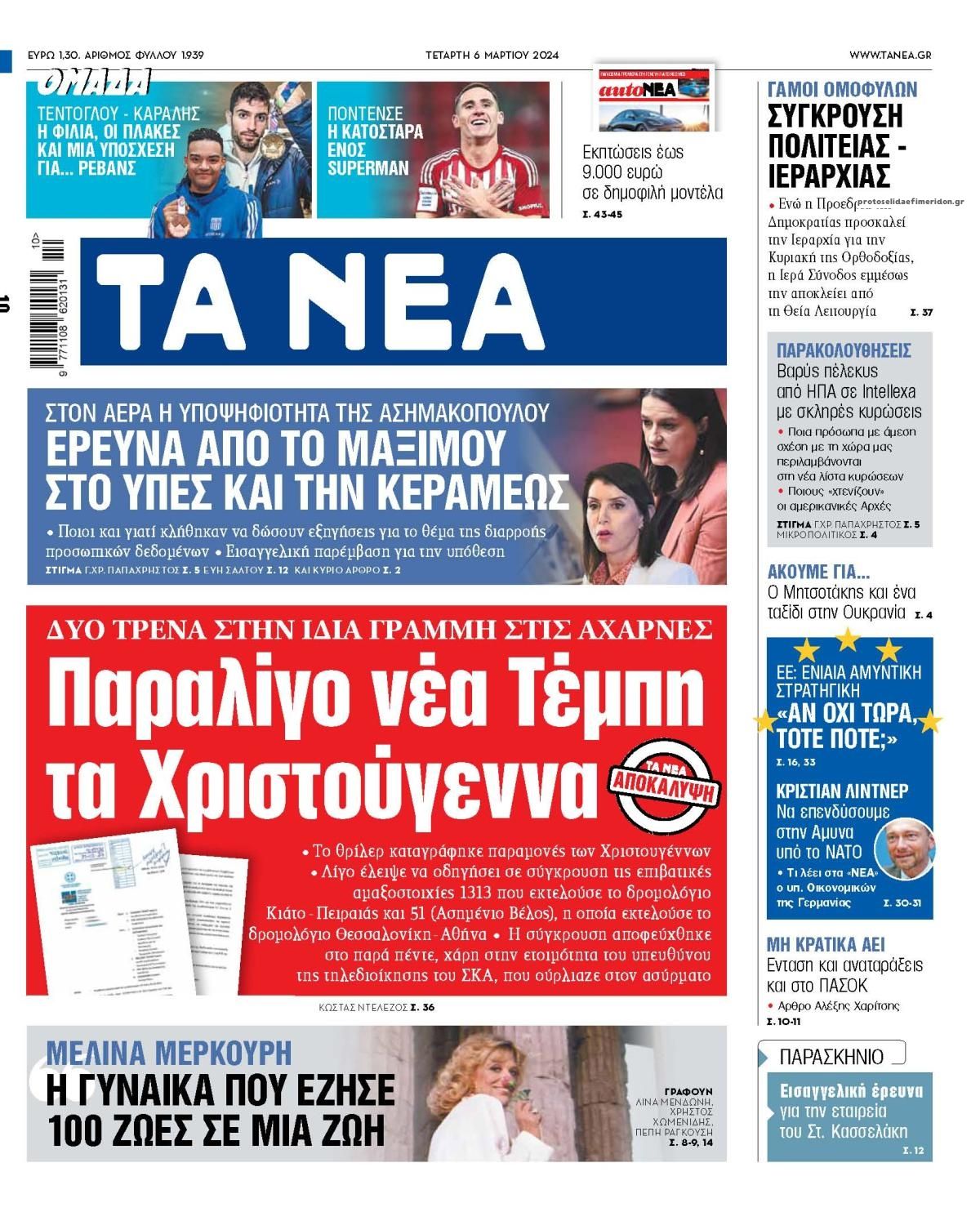 Πρωτοσέλιδο εφημερίδας Τα Νέα