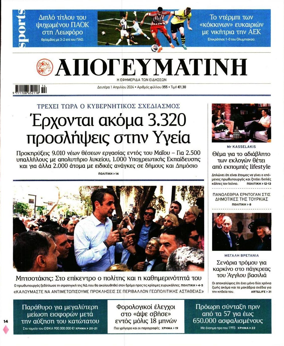 Πρωτοσέλιδο εφημερίδας Απογευματινή