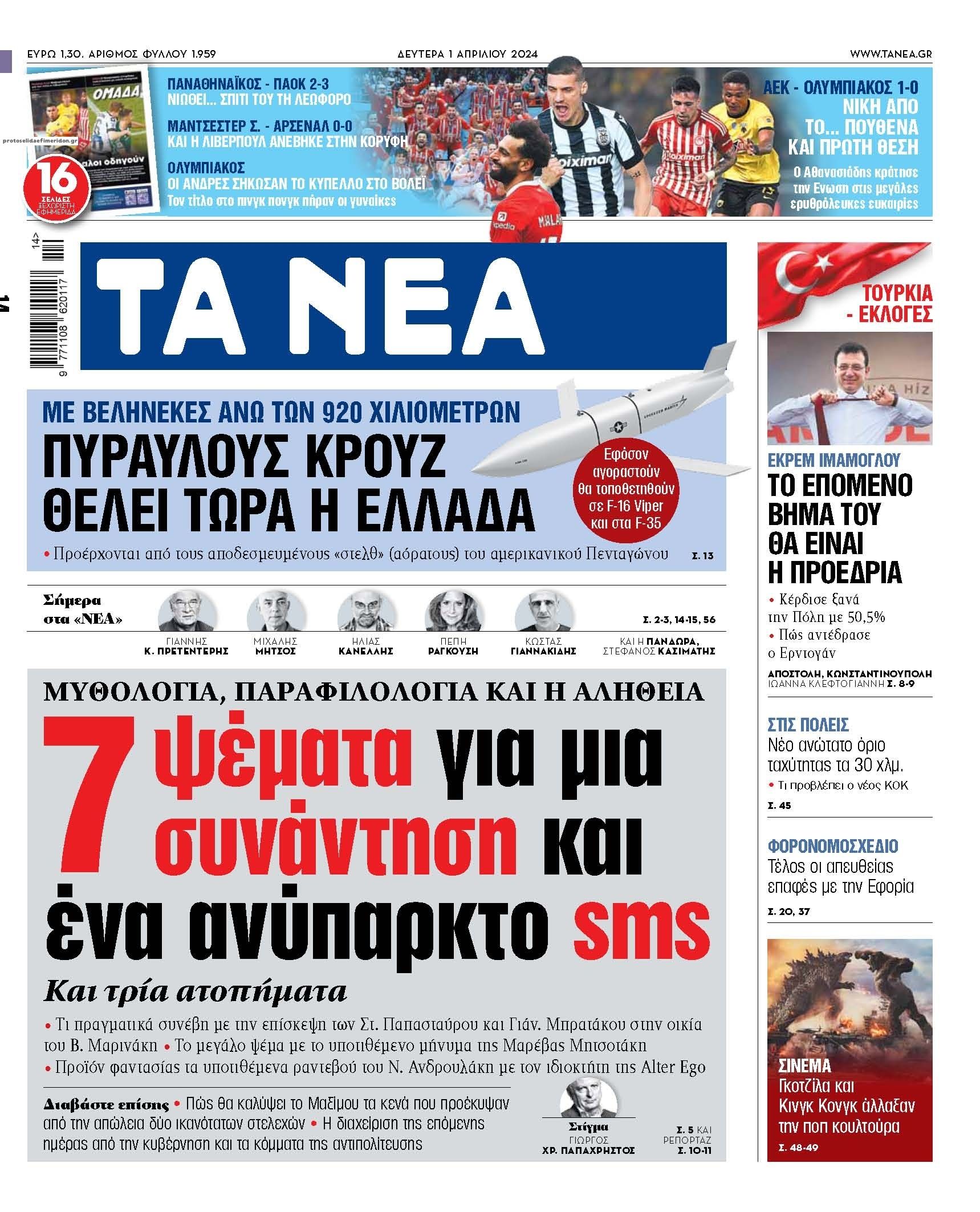 Πρωτοσέλιδο εφημερίδας Τα Νέα