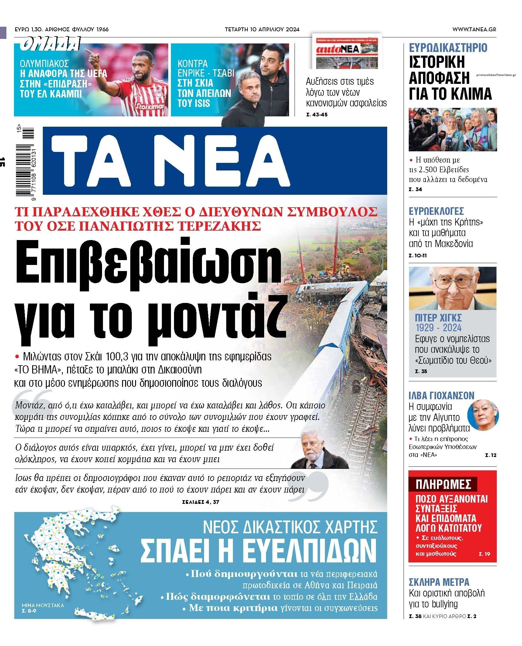 Πρωτοσέλιδο εφημερίδας Τα Νέα