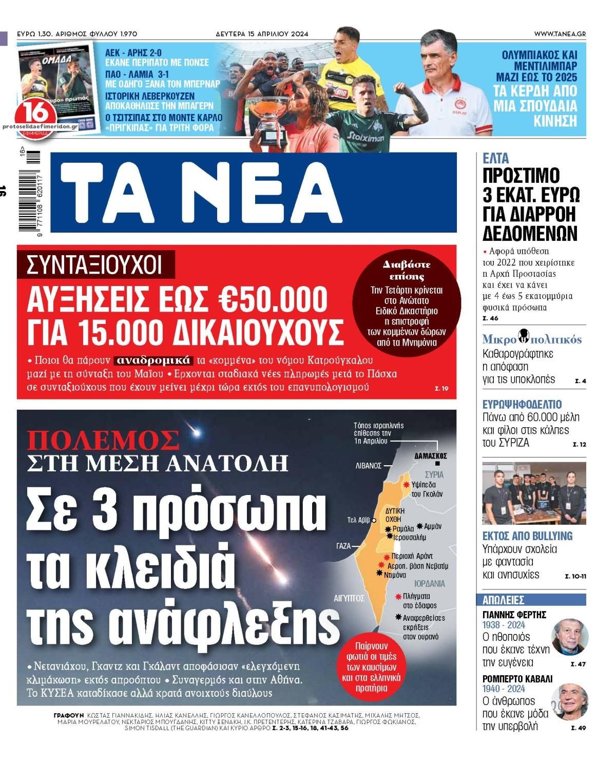 Πρωτοσέλιδο εφημερίδας Τα Νέα