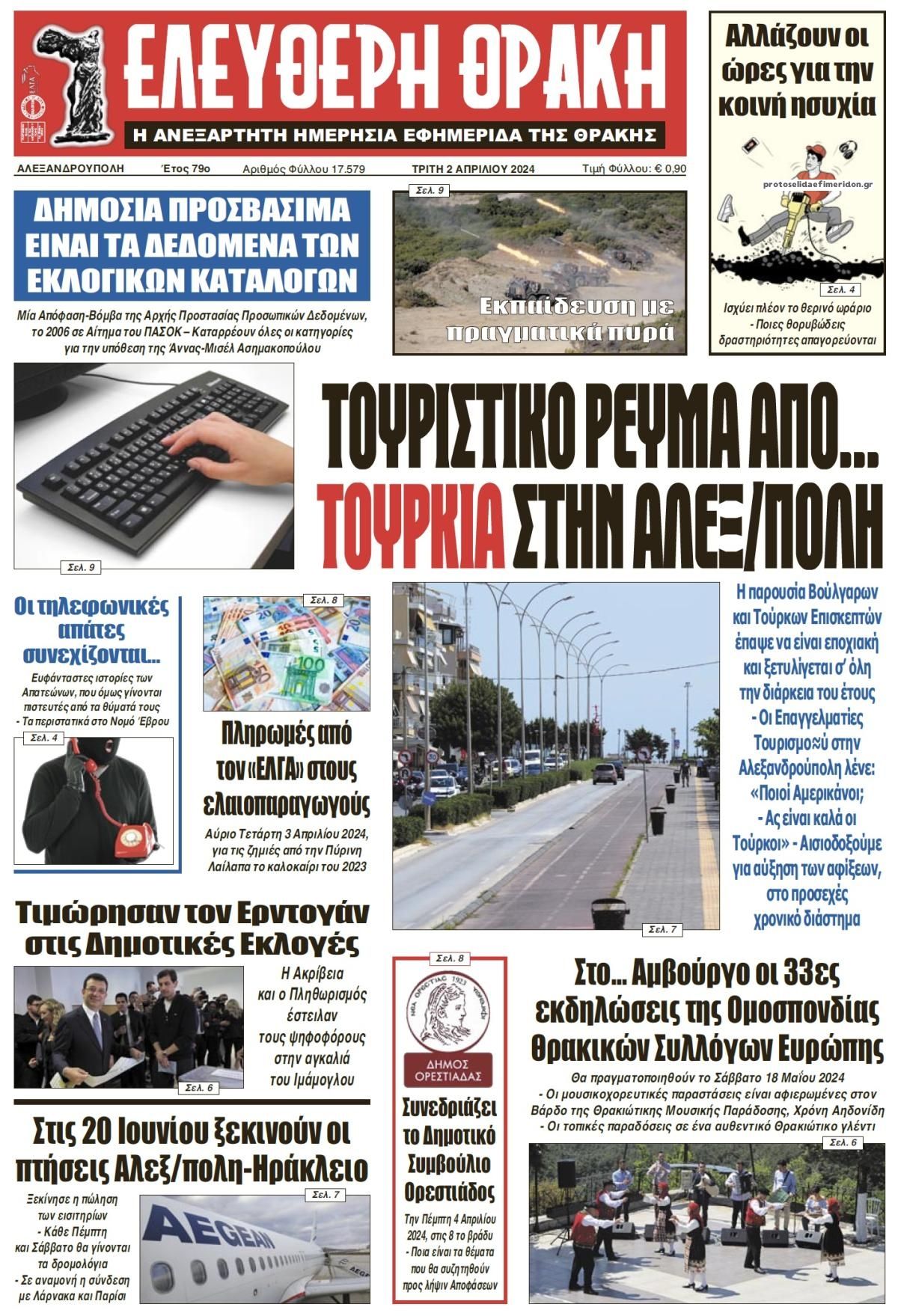 Πρωτοσέλιδο εφημερίδας Ελεύθερη Θράκη