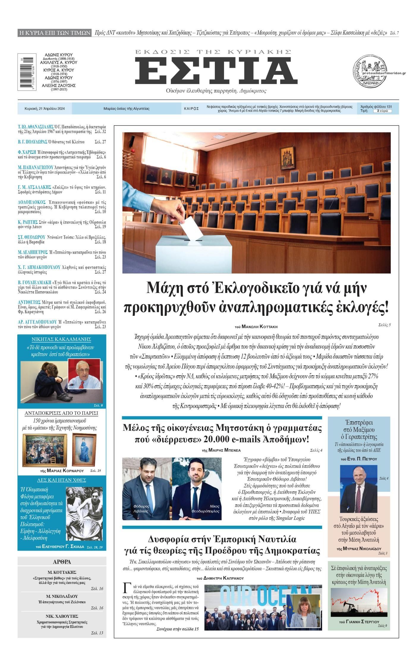 Πρωτοσέλιδο εφημερίδας Εστία