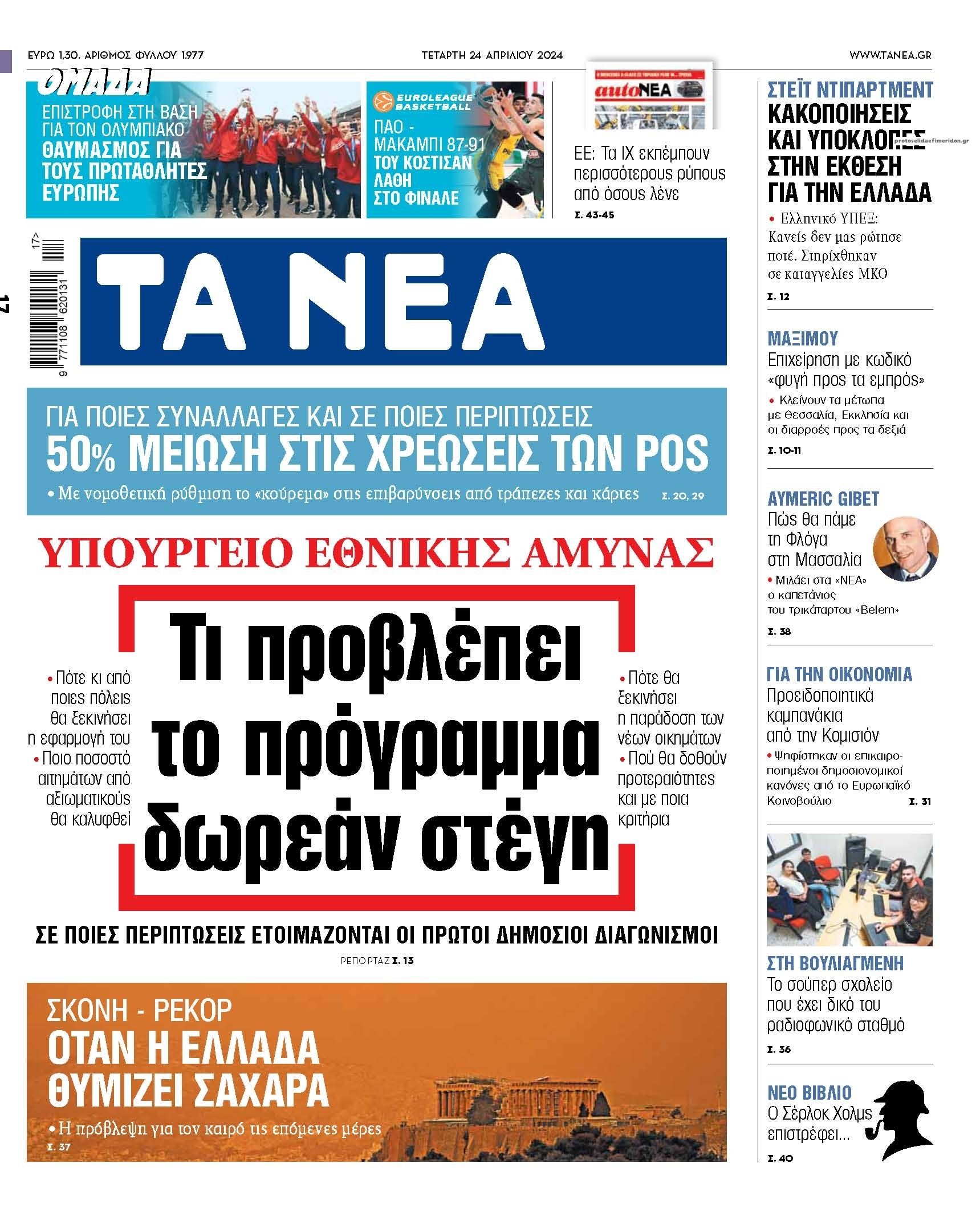 Πρωτοσέλιδο εφημερίδας Τα Νέα