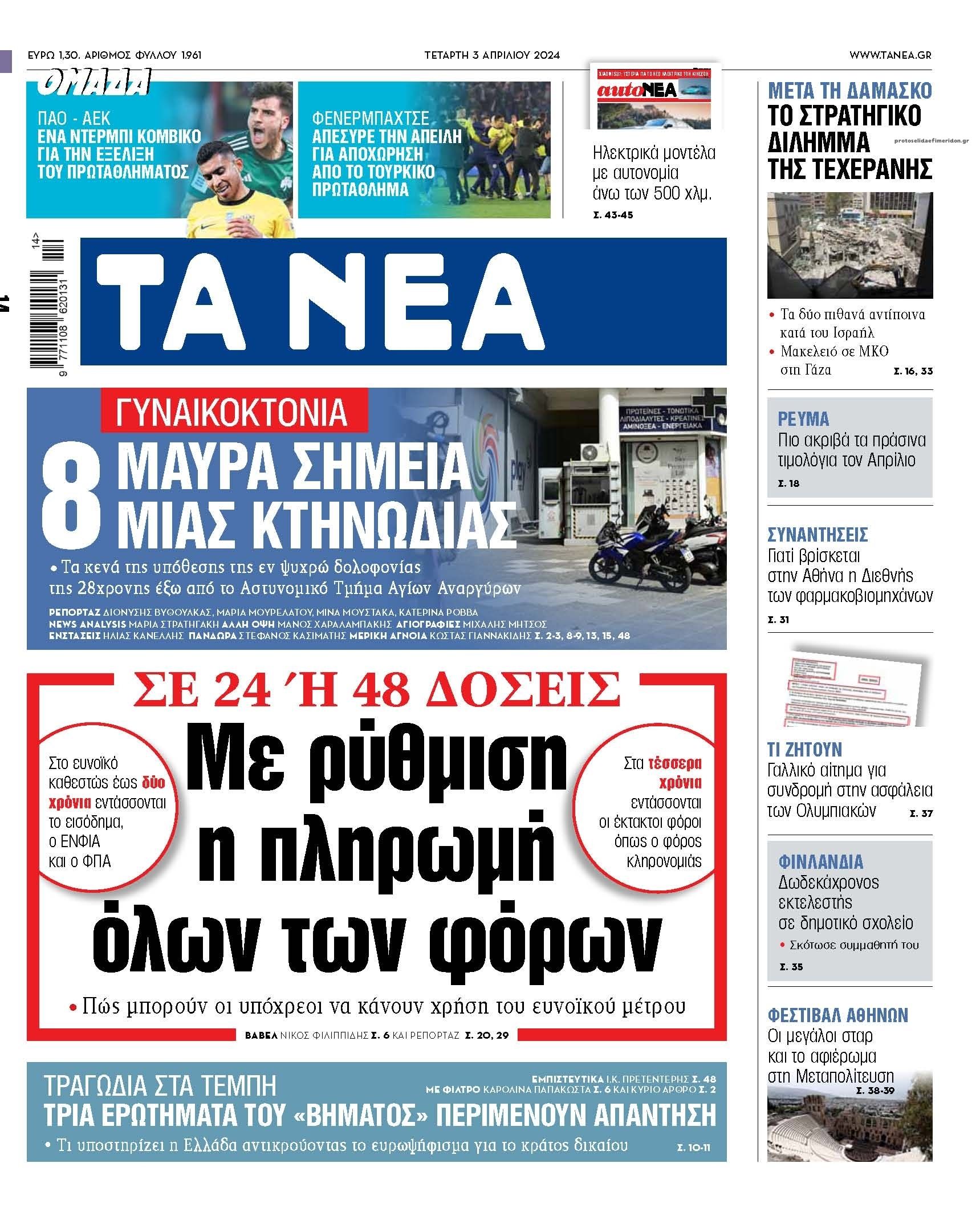 Πρωτοσέλιδο εφημερίδας Τα Νέα