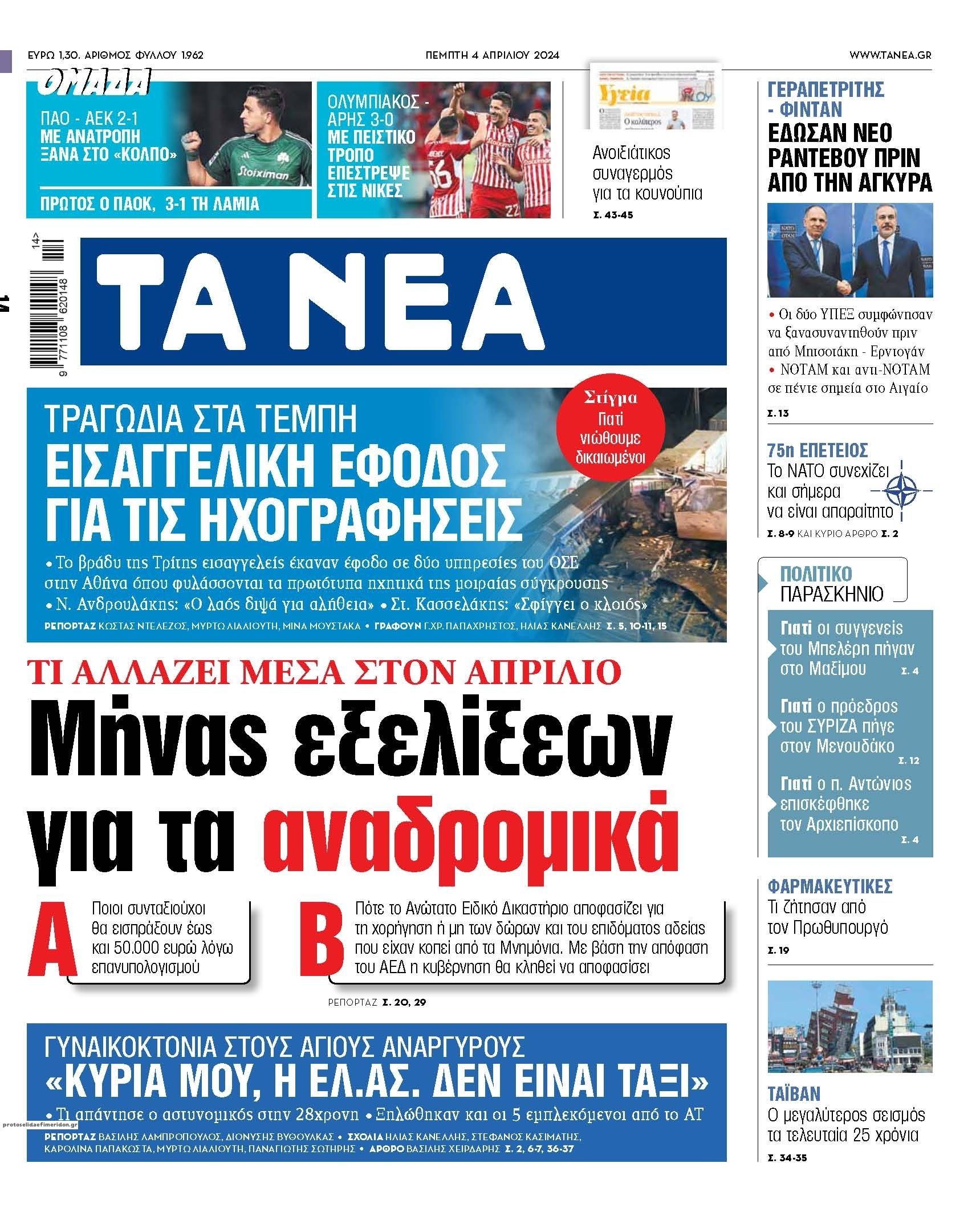 Πρωτοσέλιδο εφημερίδας Τα Νέα