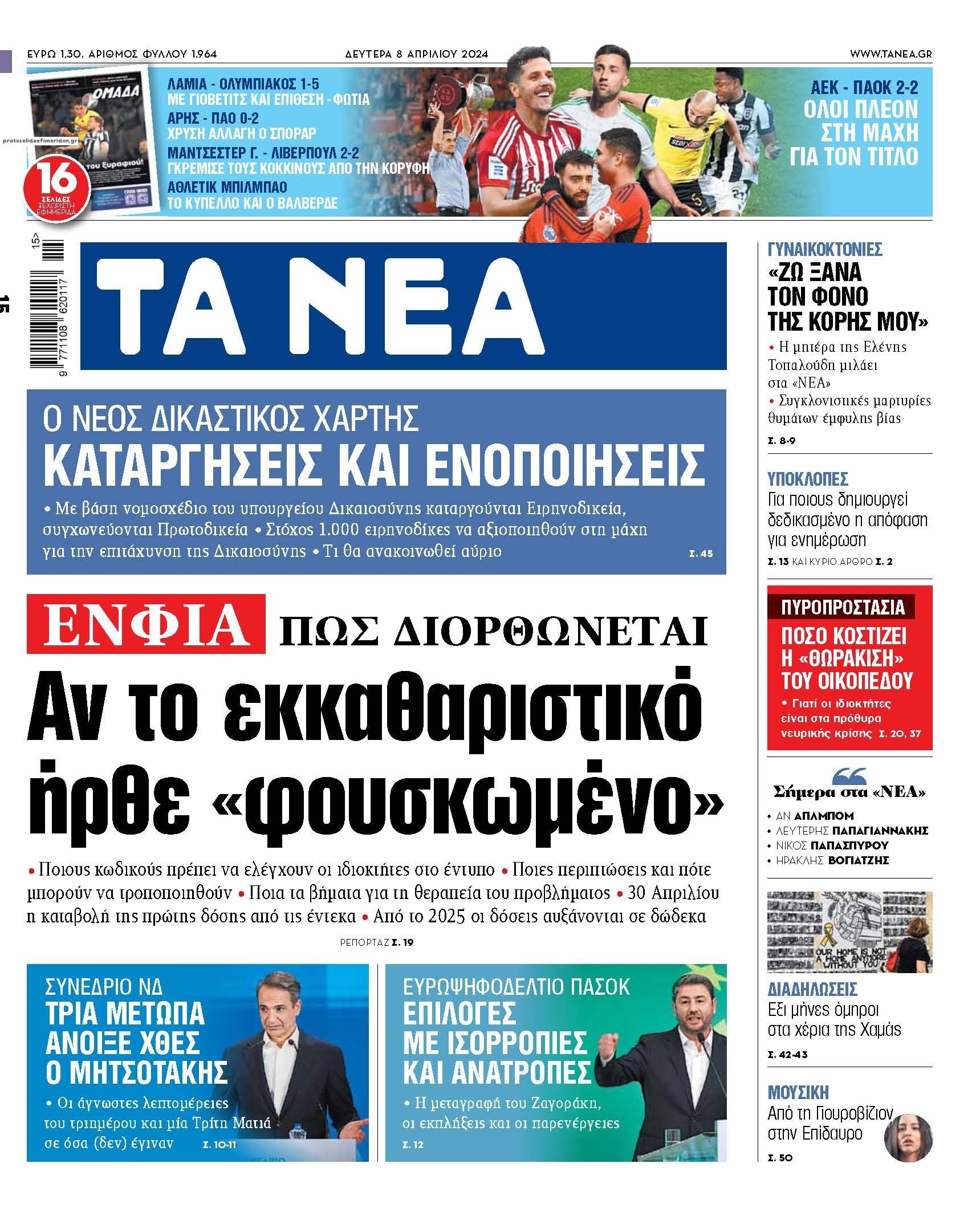 Πρωτοσέλιδο εφημερίδας Τα Νέα