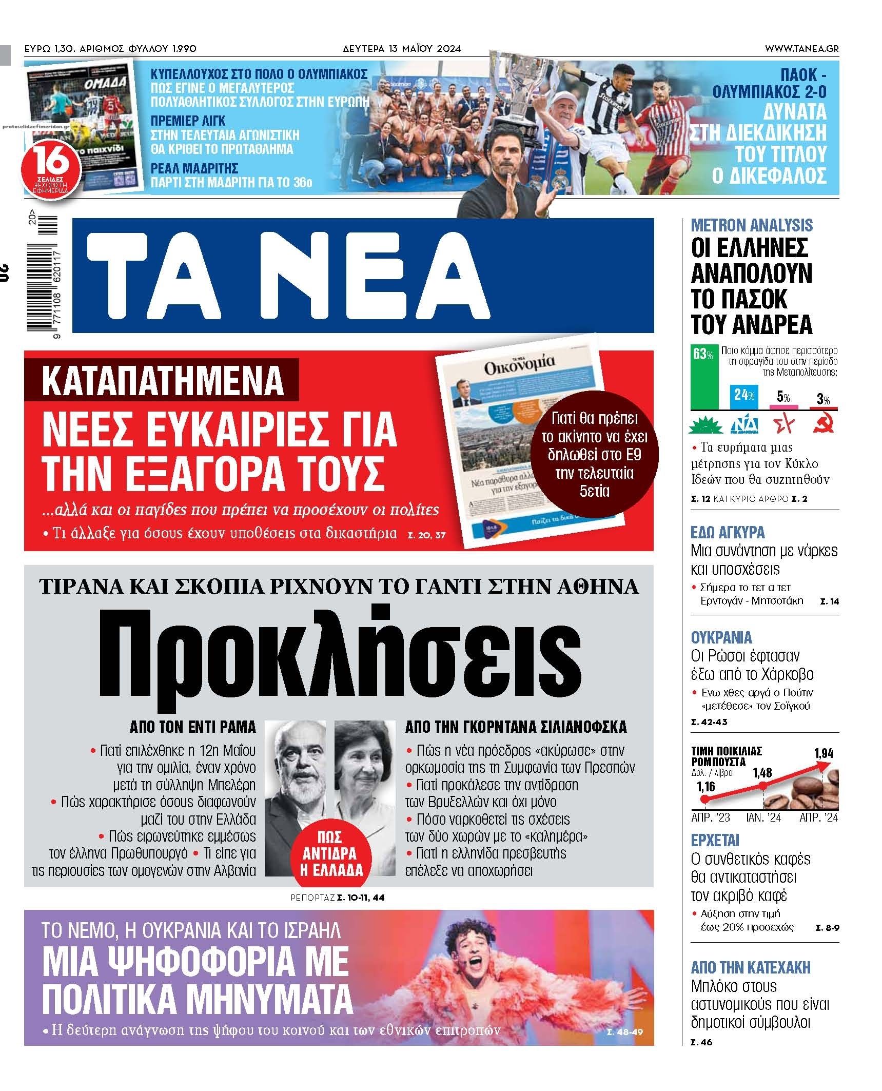 Πρωτοσέλιδο εφημερίδας Τα Νέα