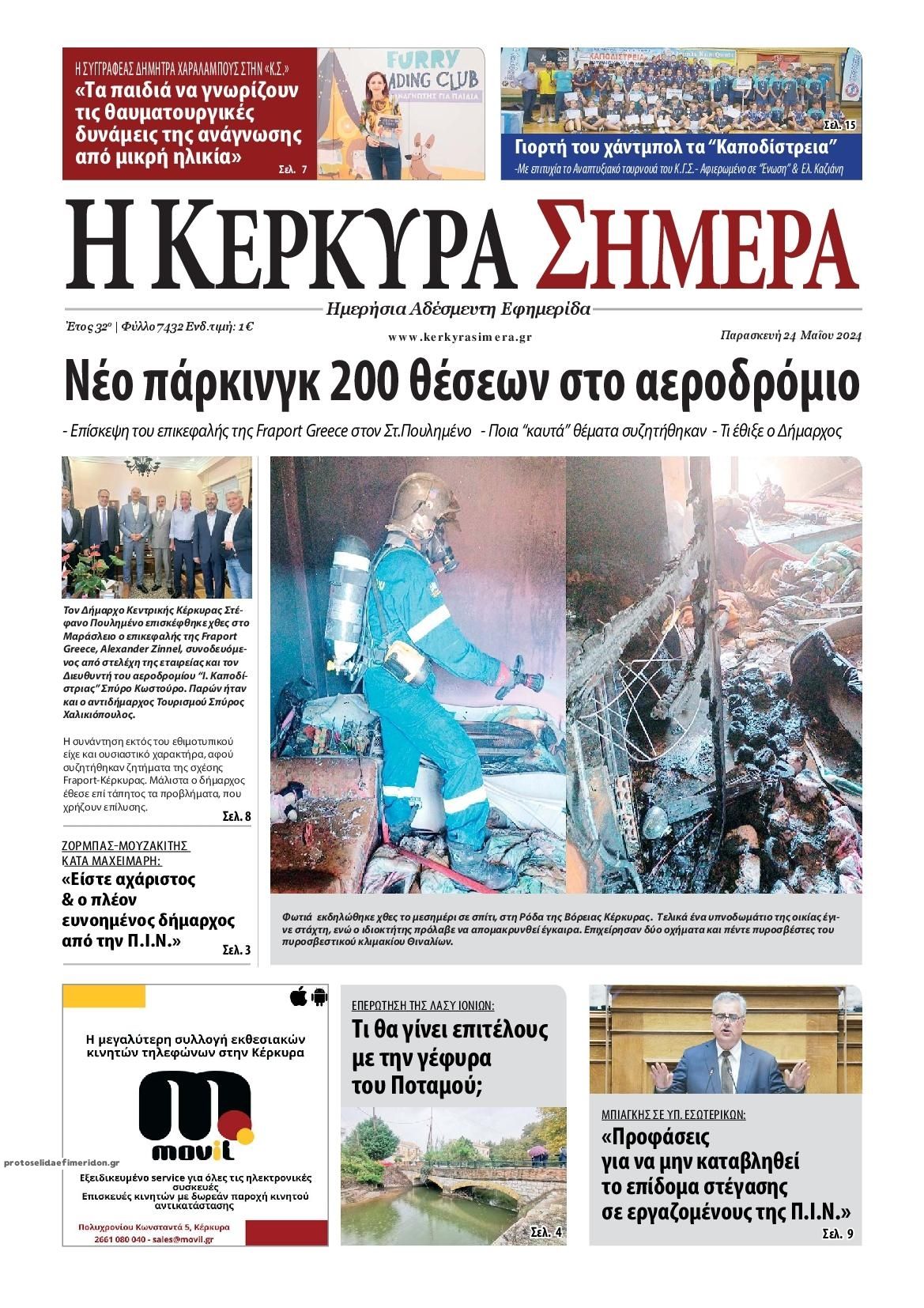 Πρωτοσέλιδο εφημερίδας Η Κέρκυρα Σήμερα