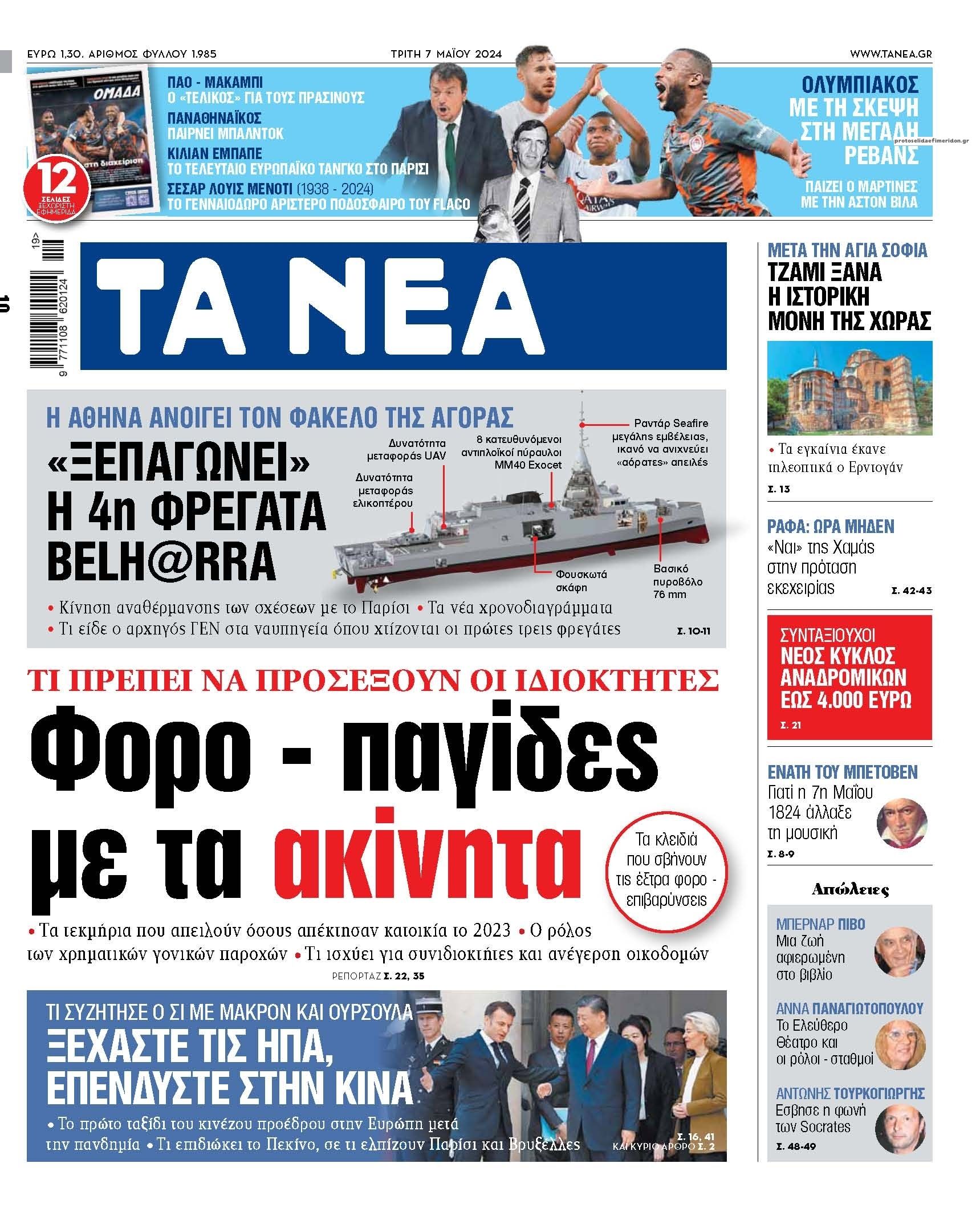 Πρωτοσέλιδο εφημερίδας Τα Νέα