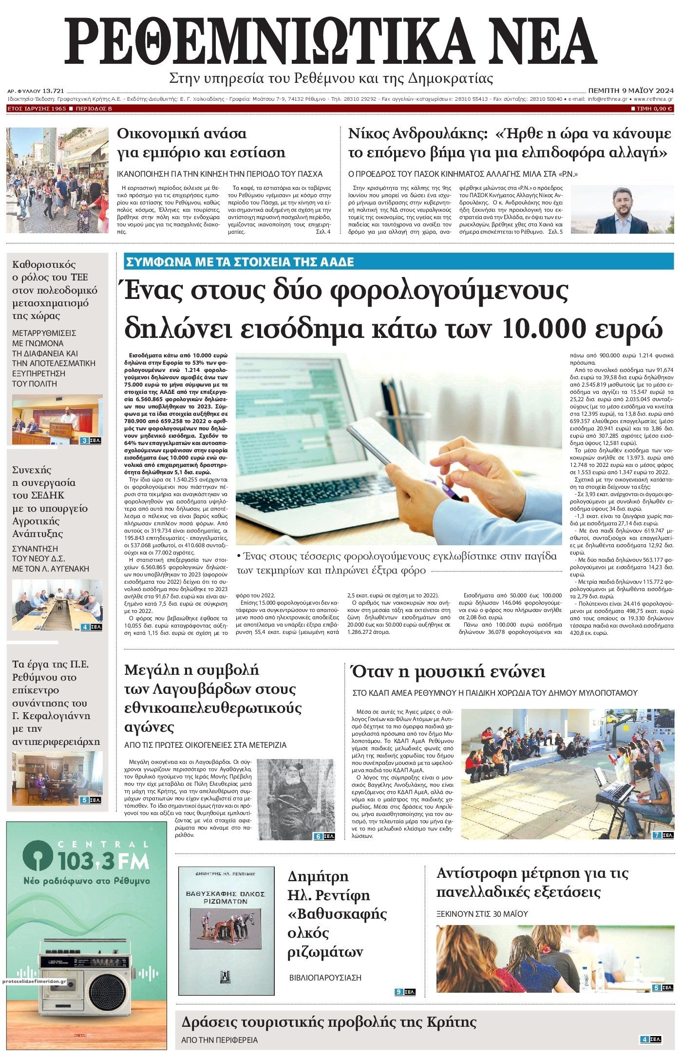 Πρωτοσέλιδο εφημερίδας Ρεθεμνιώτικα Νέα