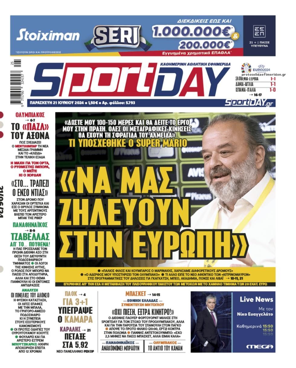 Πρωτοσέλιδο εφημερίδας Sportday