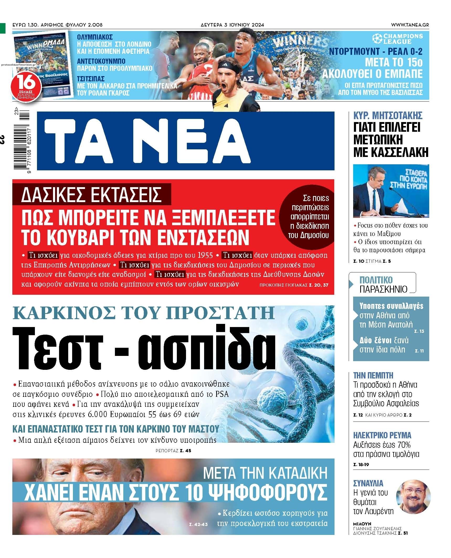 Πρωτοσέλιδο εφημερίδας Τα Νέα