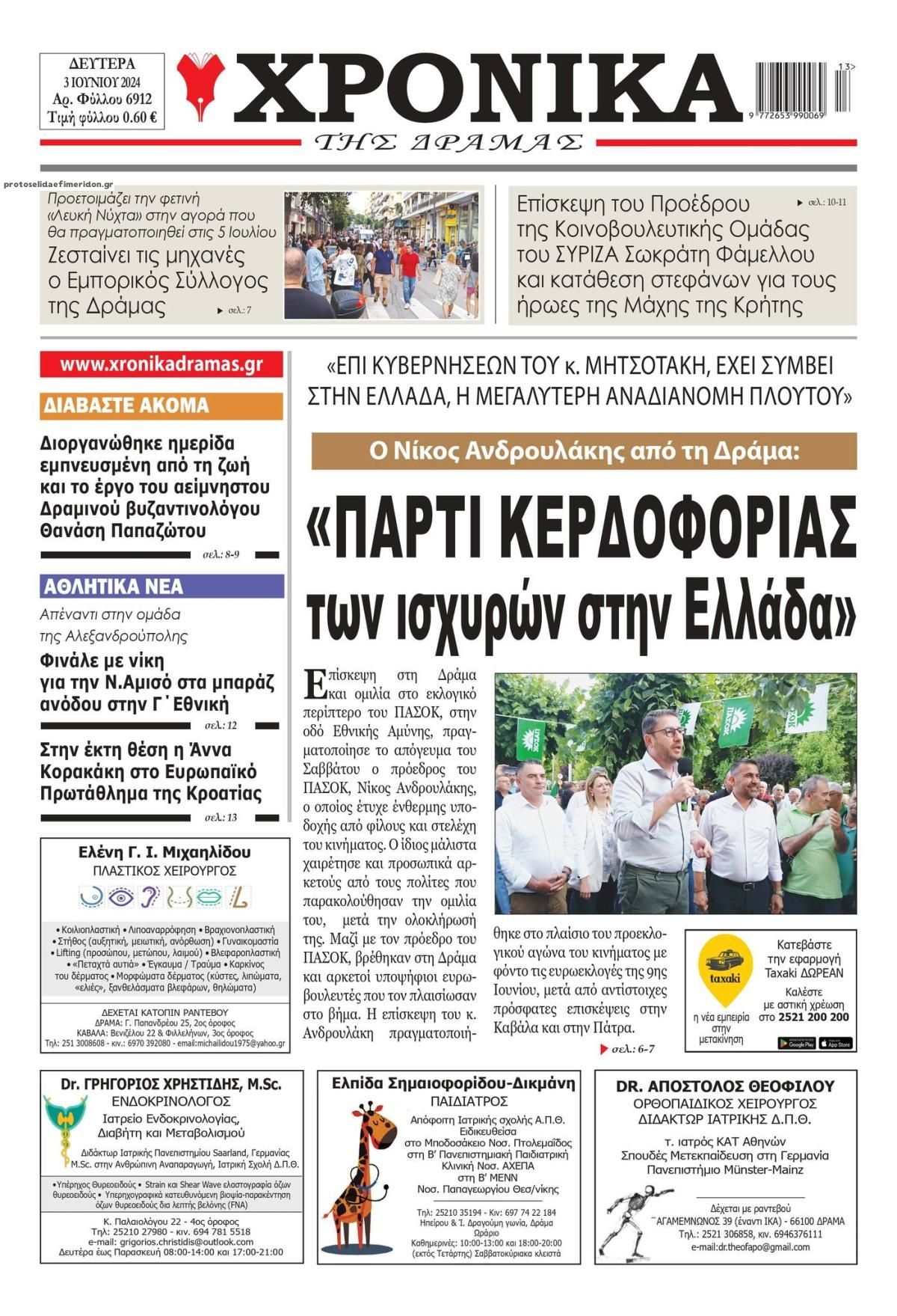 Πρωτοσέλιδο εφημερίδας Χρονικά Δράμας