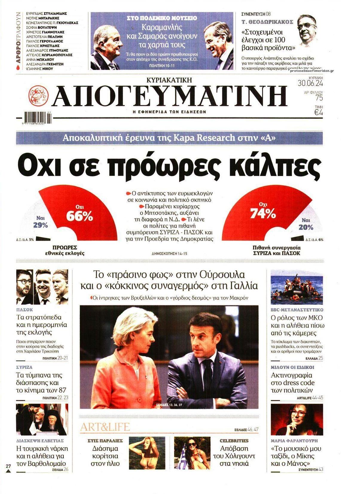 Πρωτοσέλιδο εφημερίδας Απογευματινή