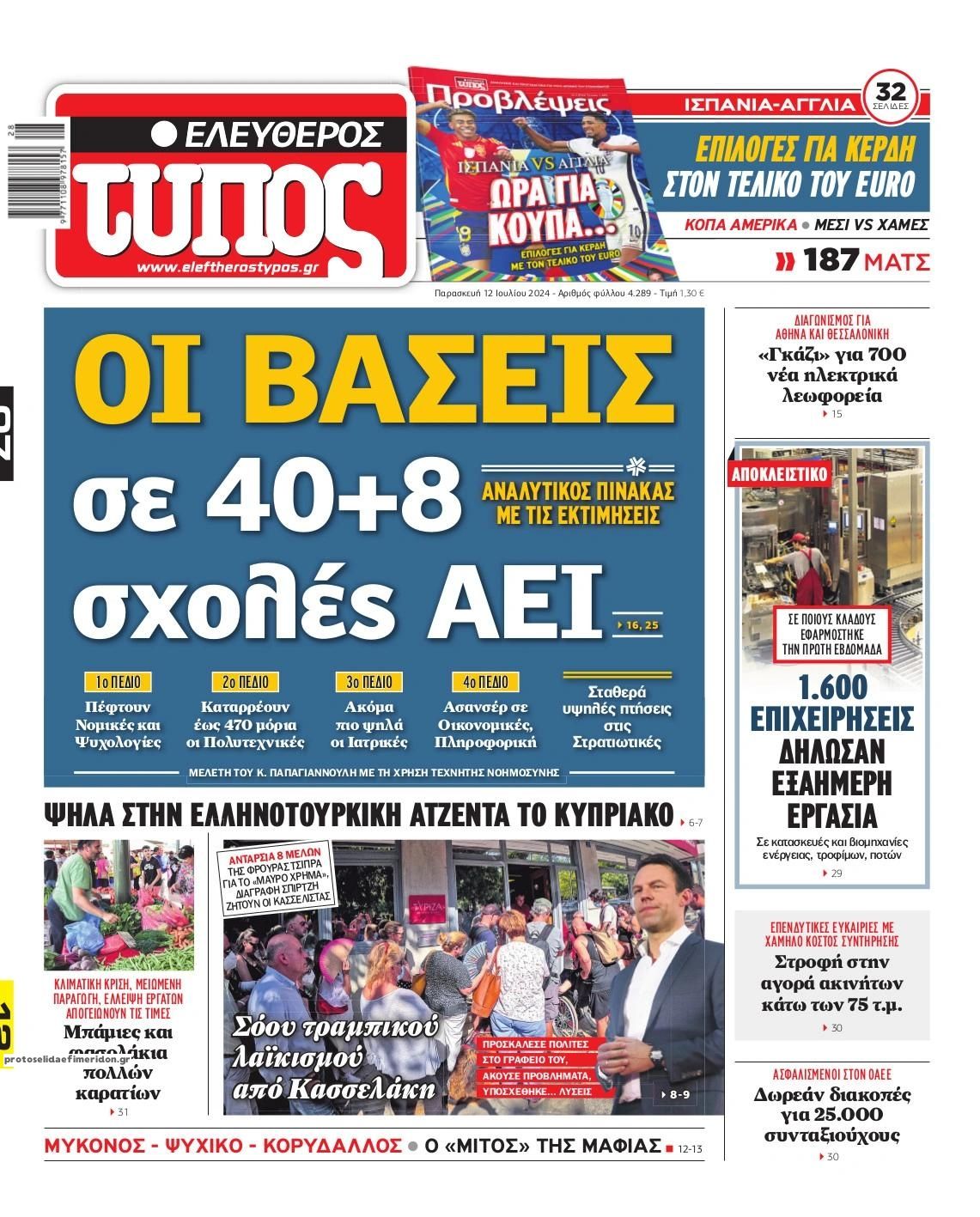Πρωτοσέλιδο εφημερίδας Ελεύθερος Τύπος