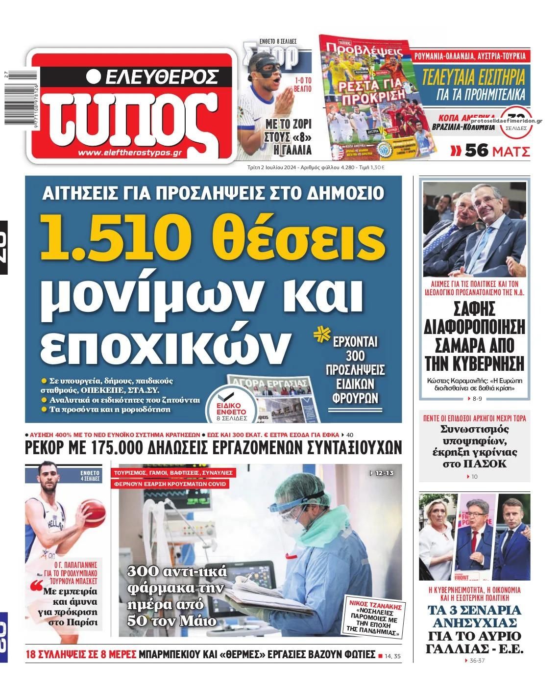 Πρωτοσέλιδο εφημερίδας Ελεύθερος Τύπος