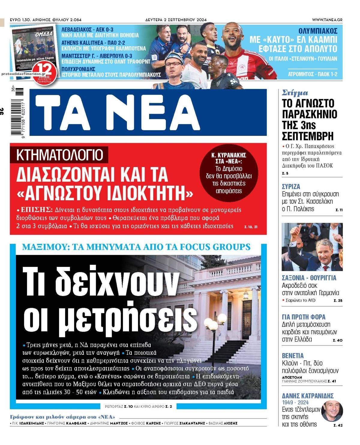Πρωτοσέλιδο εφημερίδας Τα Νέα