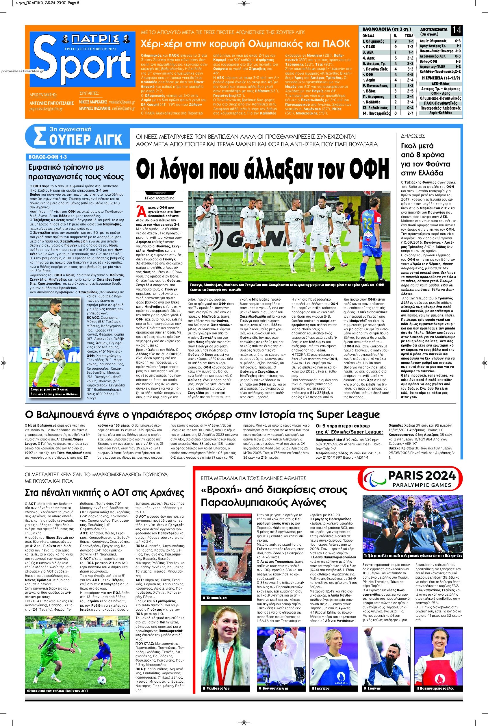 Πρωτοσέλιδο εφημερίδας Πατρίς Σπορ