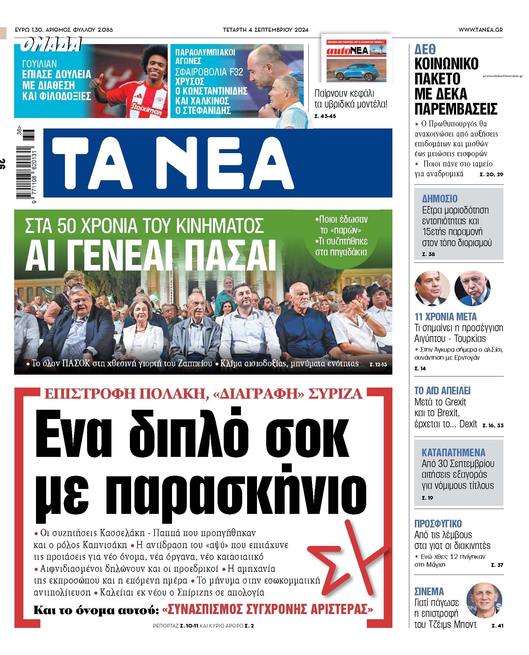 Πρωτοσέλιδο εφημερίδας Τα Νέα