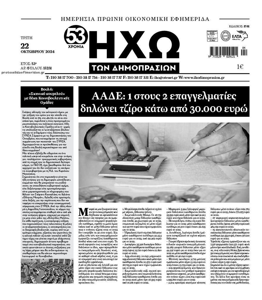 Πρωτοσέλιδο εφημερίδας Ηχώ