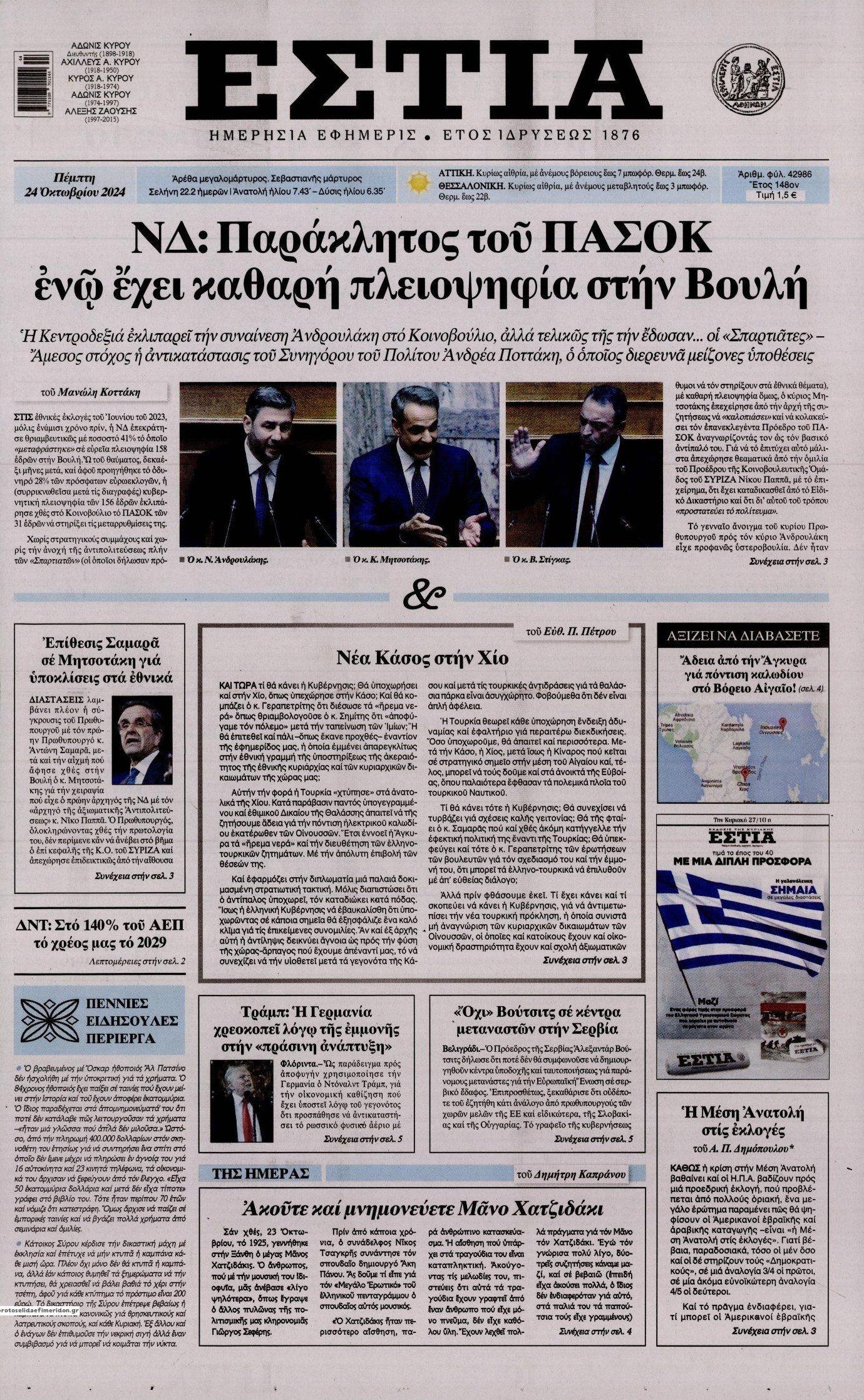 Πρωτοσέλιδο εφημερίδας Εστία