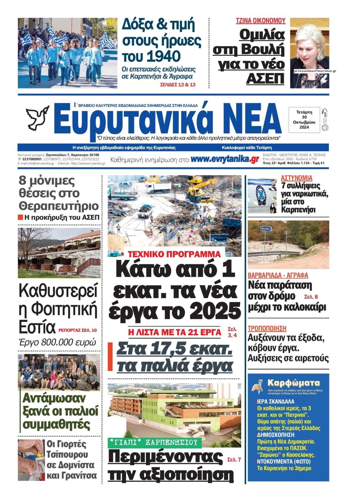 Πρωτοσέλιδο εφημερίδας Ευρυτανικά Νέα