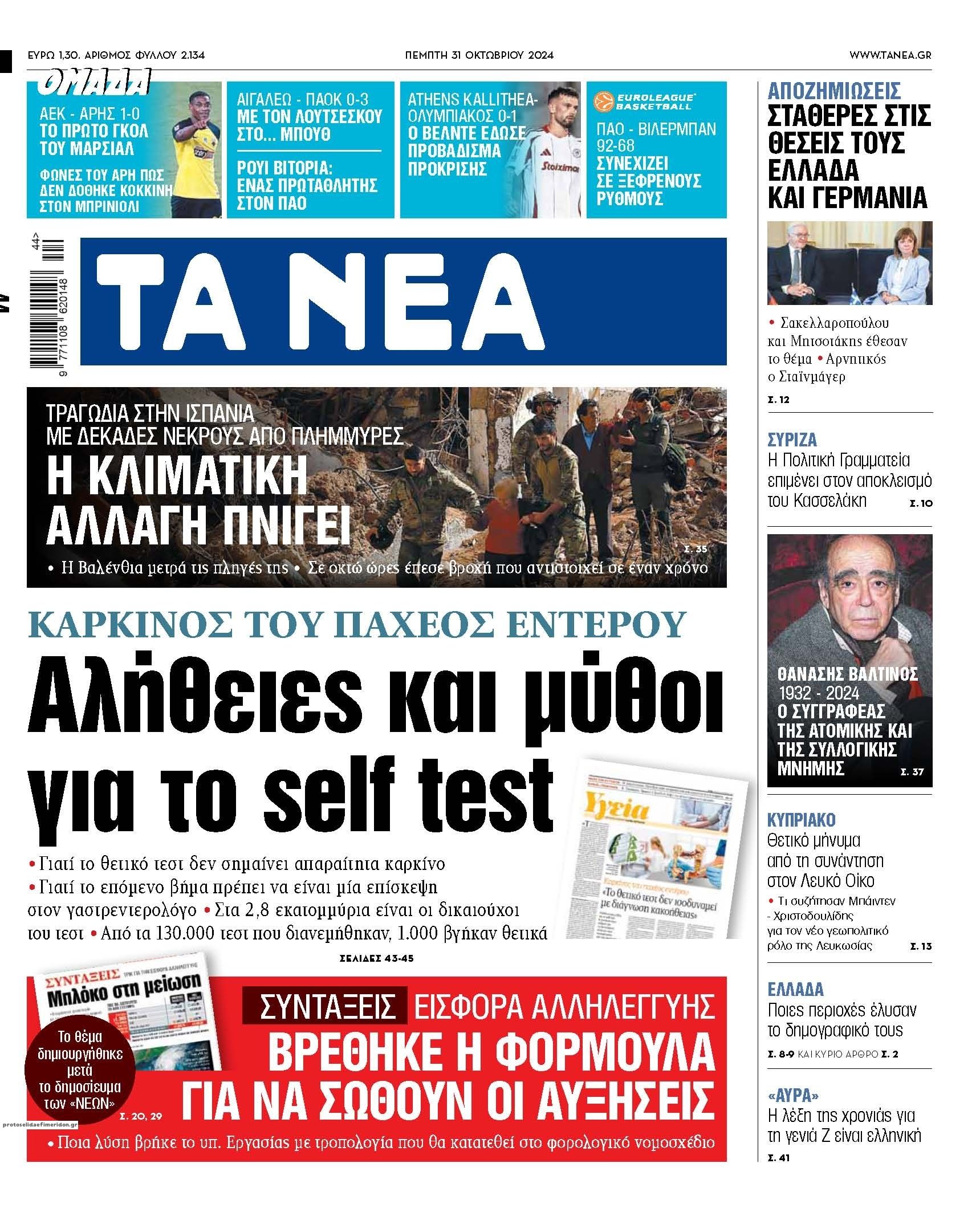 Πρωτοσέλιδο εφημερίδας Τα Νέα