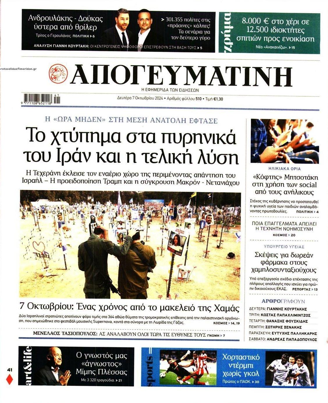 Πρωτοσέλιδο εφημερίδας Απογευματινή