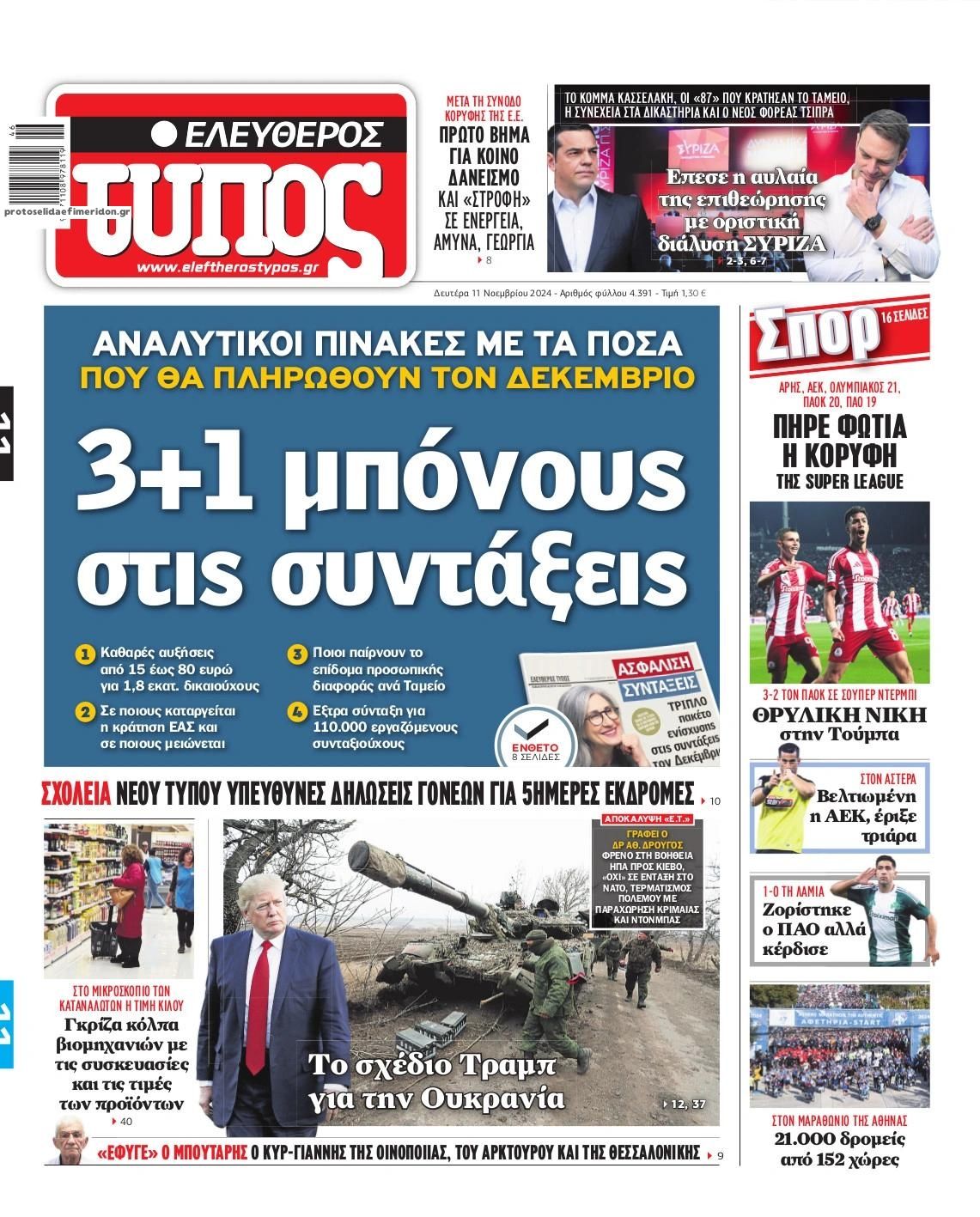 Πρωτοσέλιδο εφημερίδας Ελεύθερος Τύπος