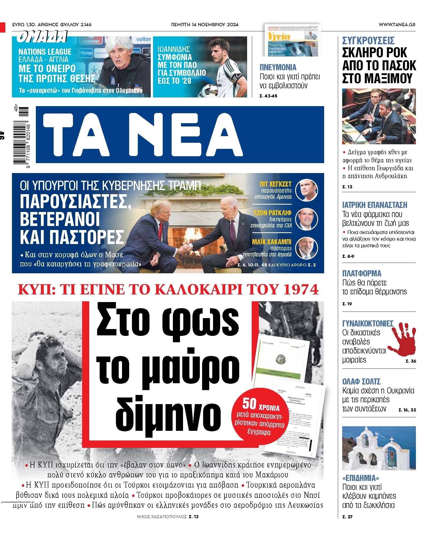 Πρωτοσέλιδο εφημερίδας Τα Νέα