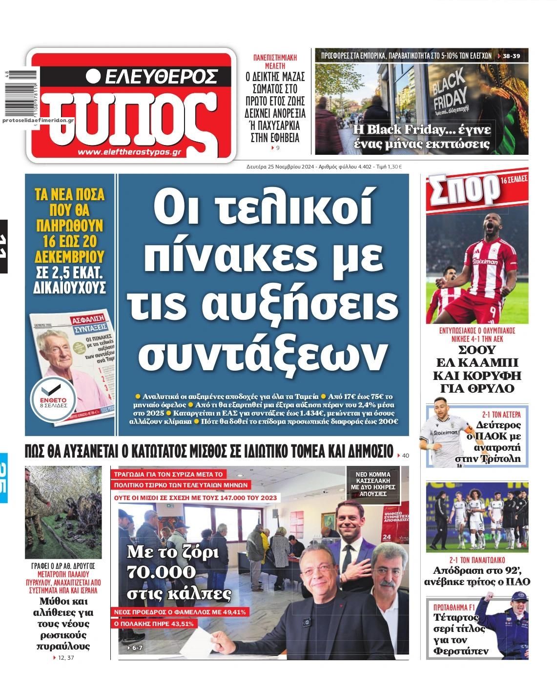 Πρωτοσέλιδο εφημερίδας Ελεύθερος Τύπος