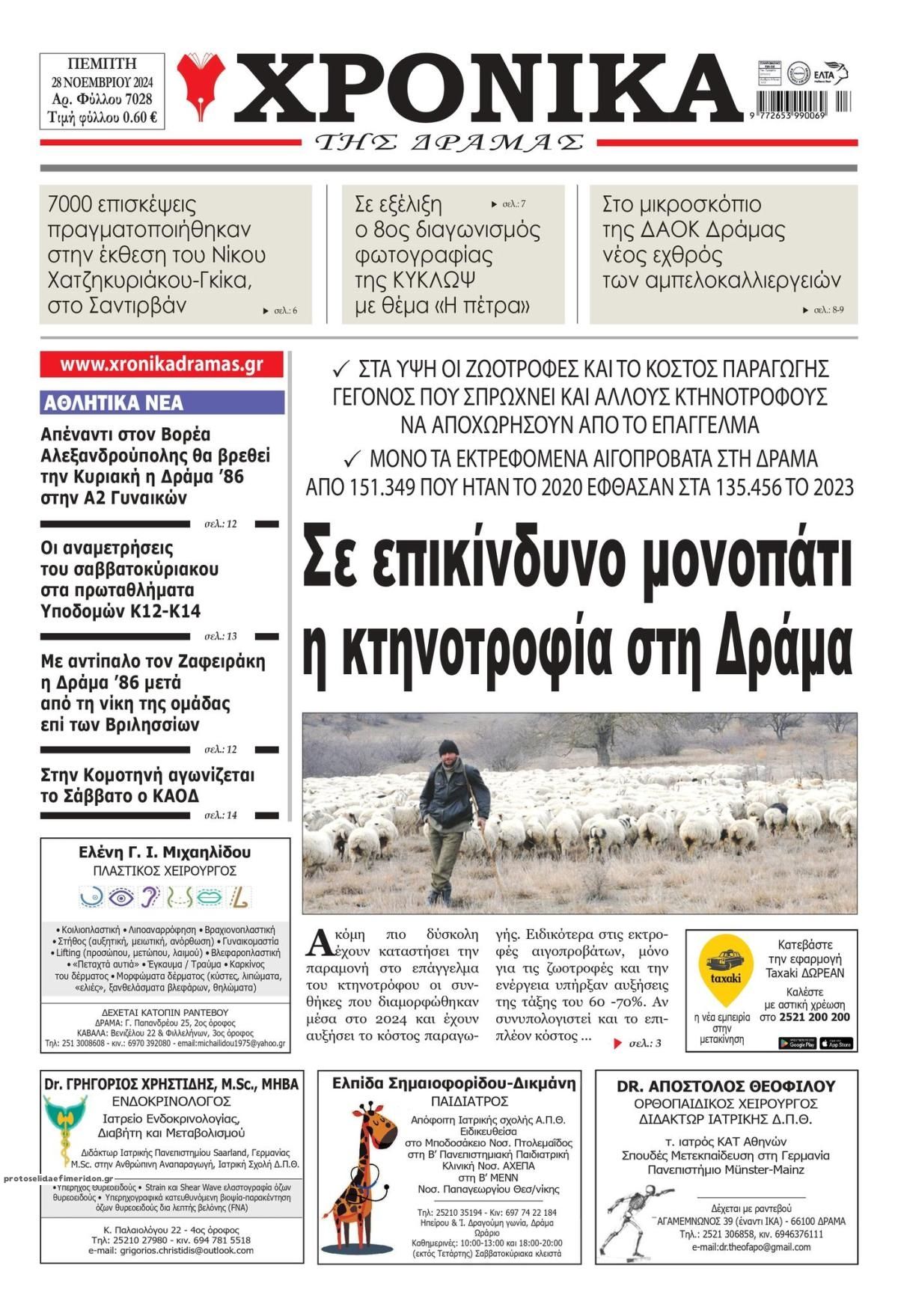 Πρωτοσέλιδο εφημερίδας Χρονικά Δράμας