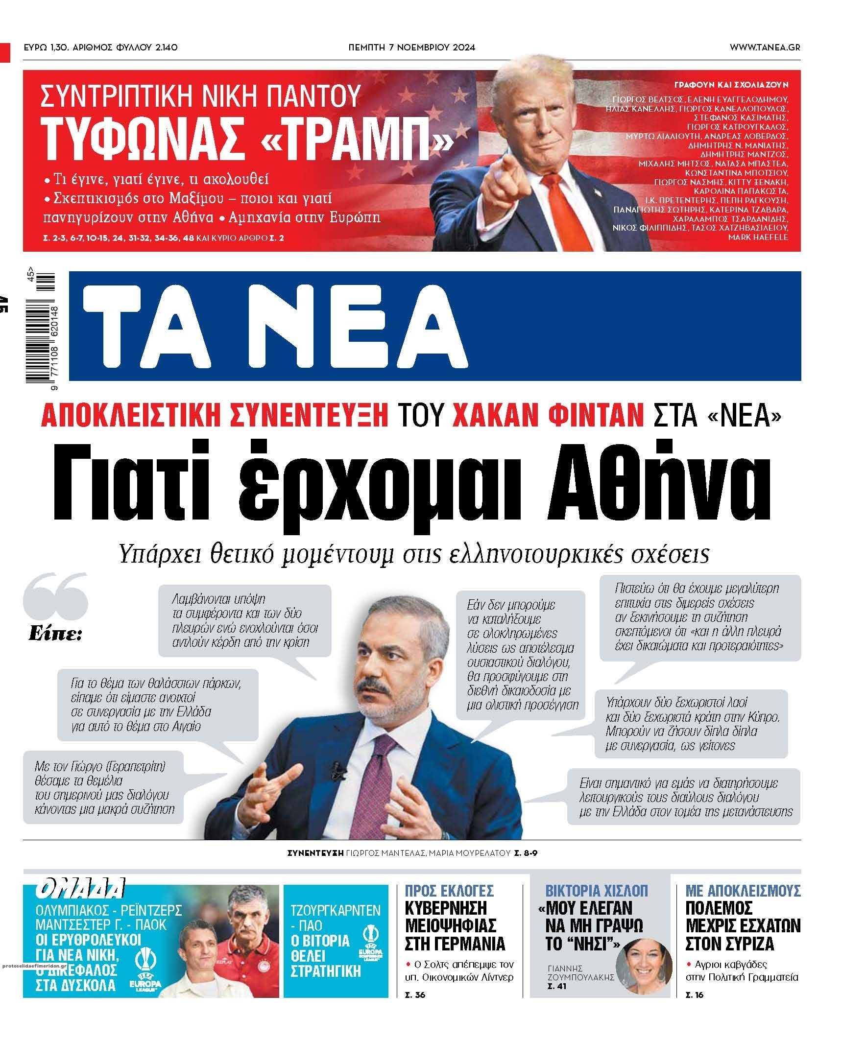 Πρωτοσέλιδο εφημερίδας Τα Νέα