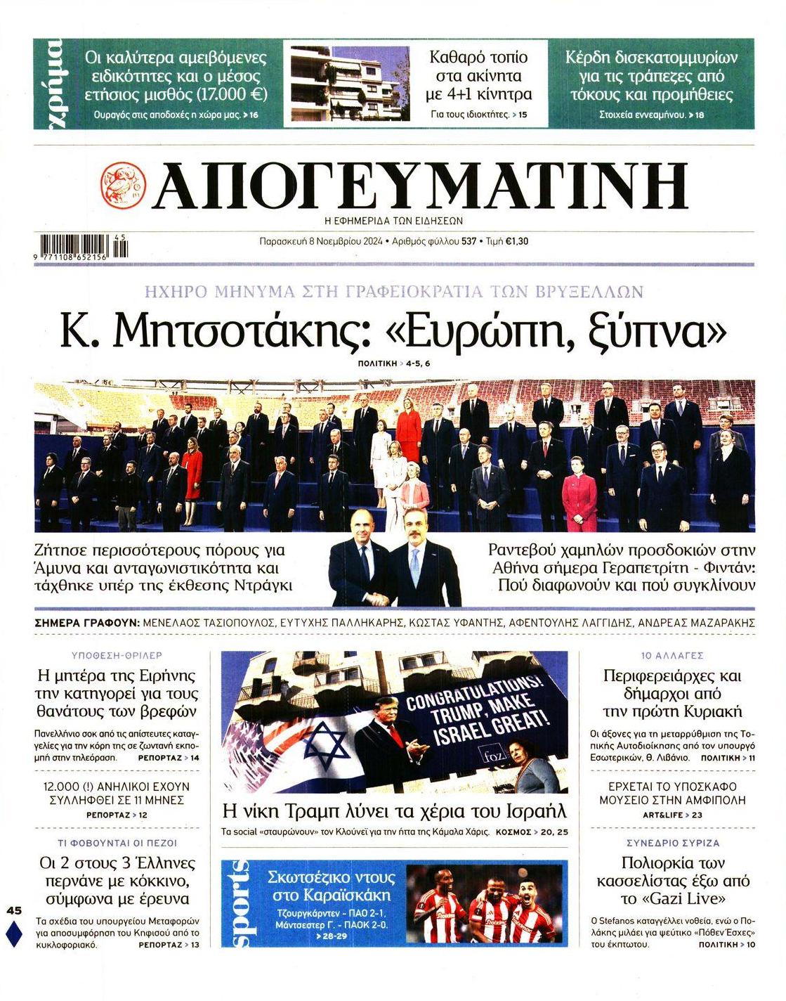 Πρωτοσέλιδο εφημερίδας Απογευματινή