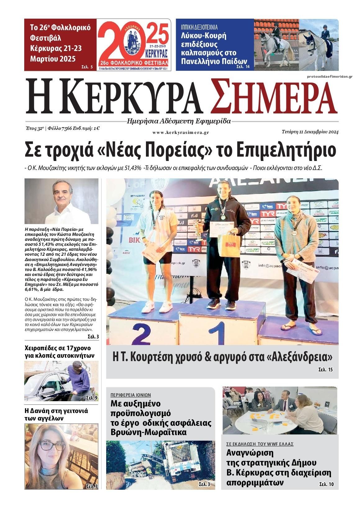 Πρωτοσέλιδο εφημερίδας Η Κέρκυρα Σήμερα