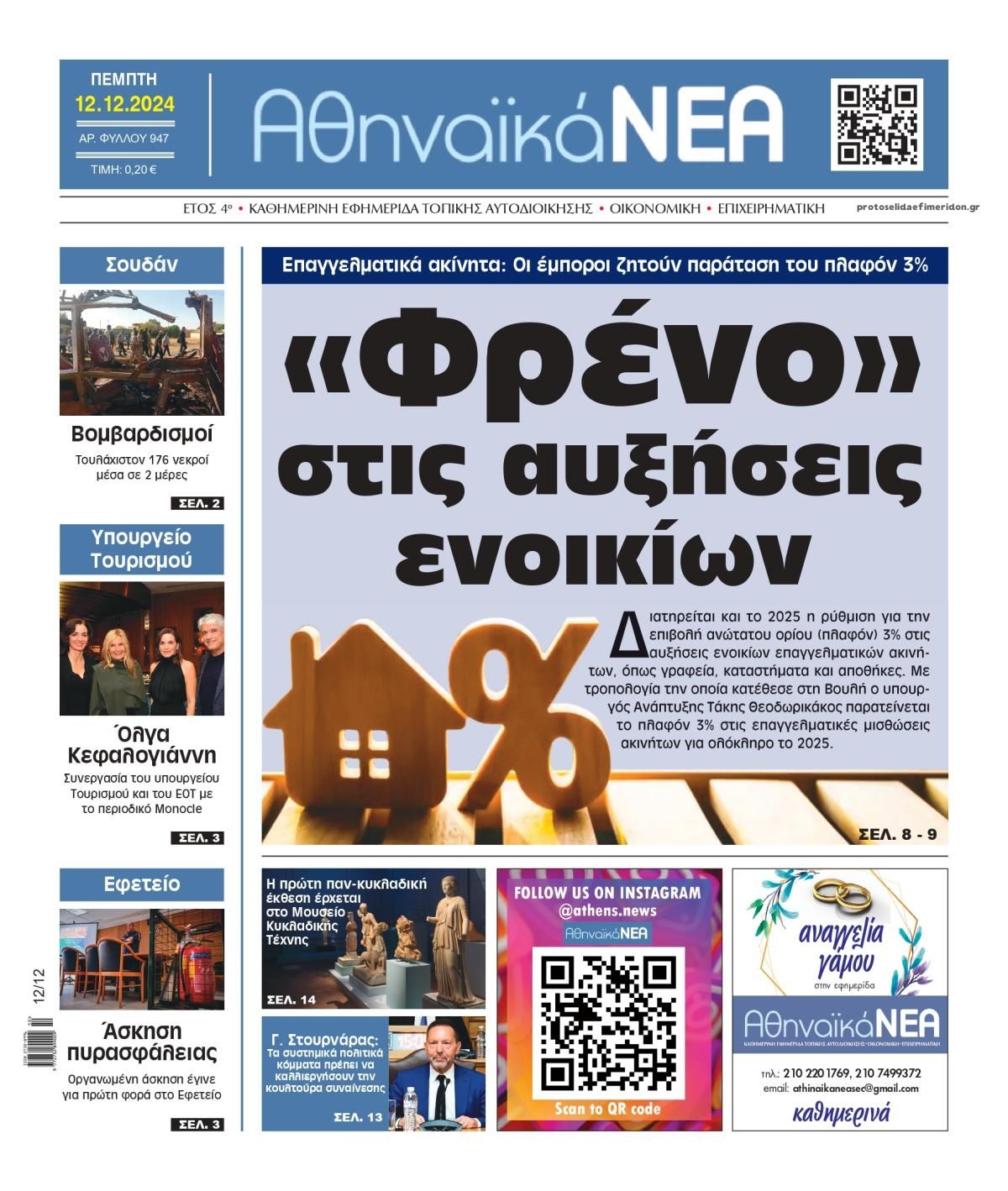 Πρωτοσέλιδο εφημερίδας Αθηναϊκά Νέα