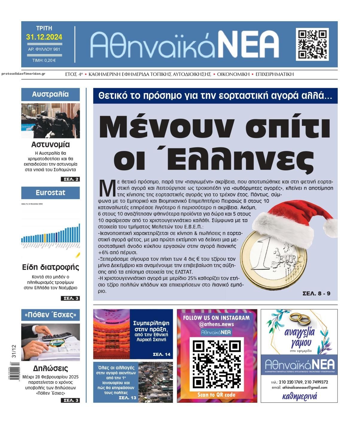 Πρωτοσέλιδο εφημερίδας Αθηναϊκά Νέα