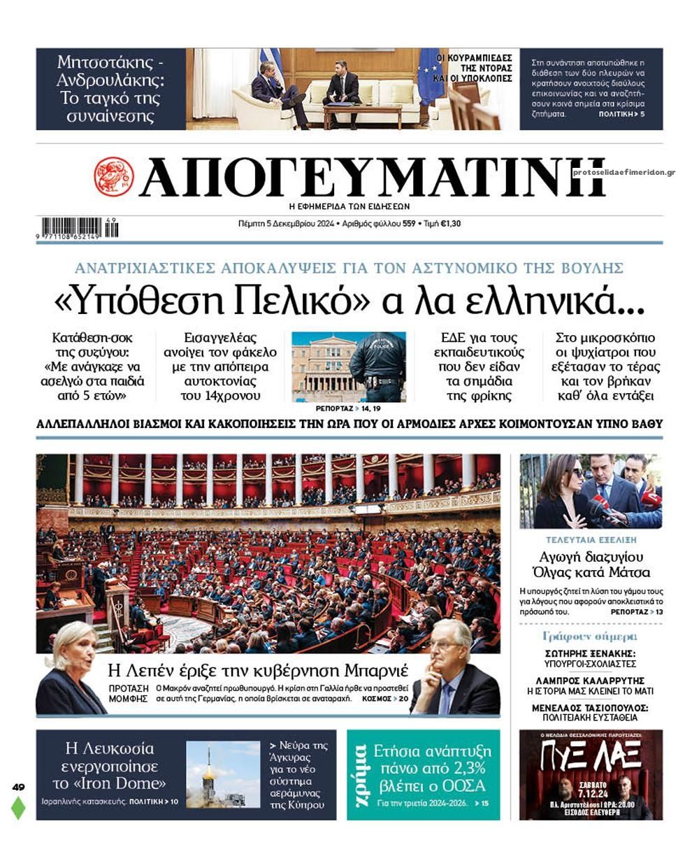 Πρωτοσέλιδο εφημερίδας Απογευματινή