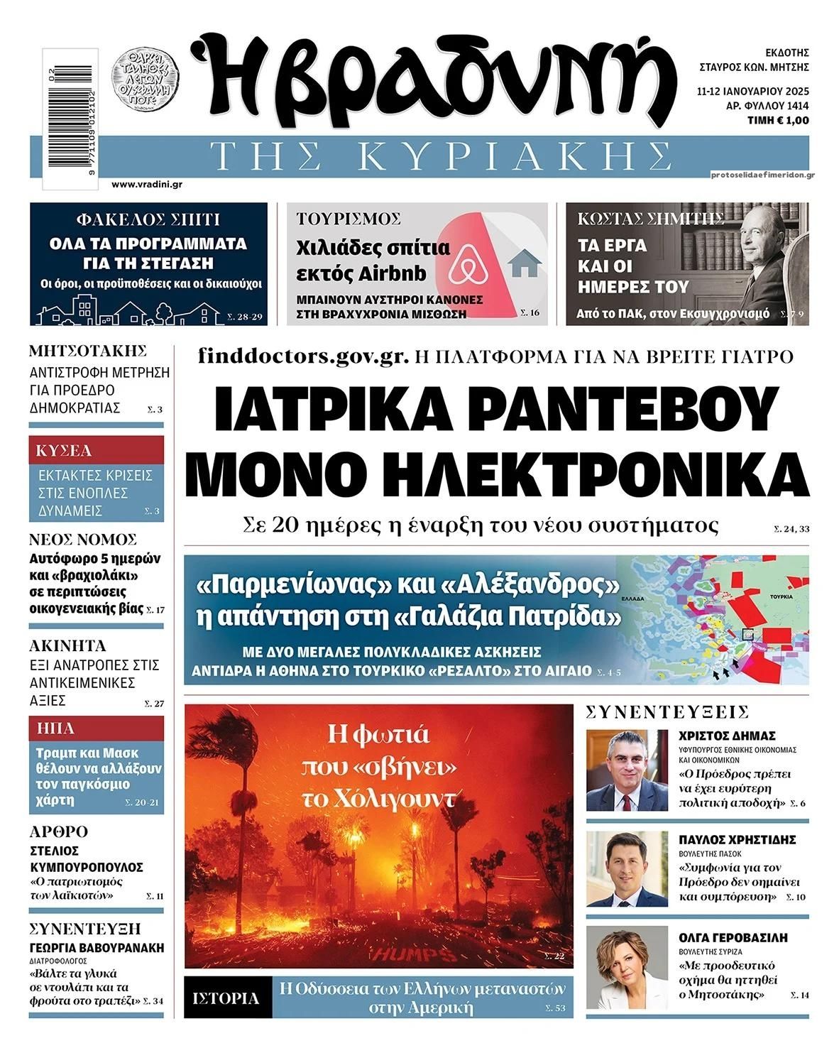 Πρωτοσέλιδο εφημερίδας Βραδυνή Κ.