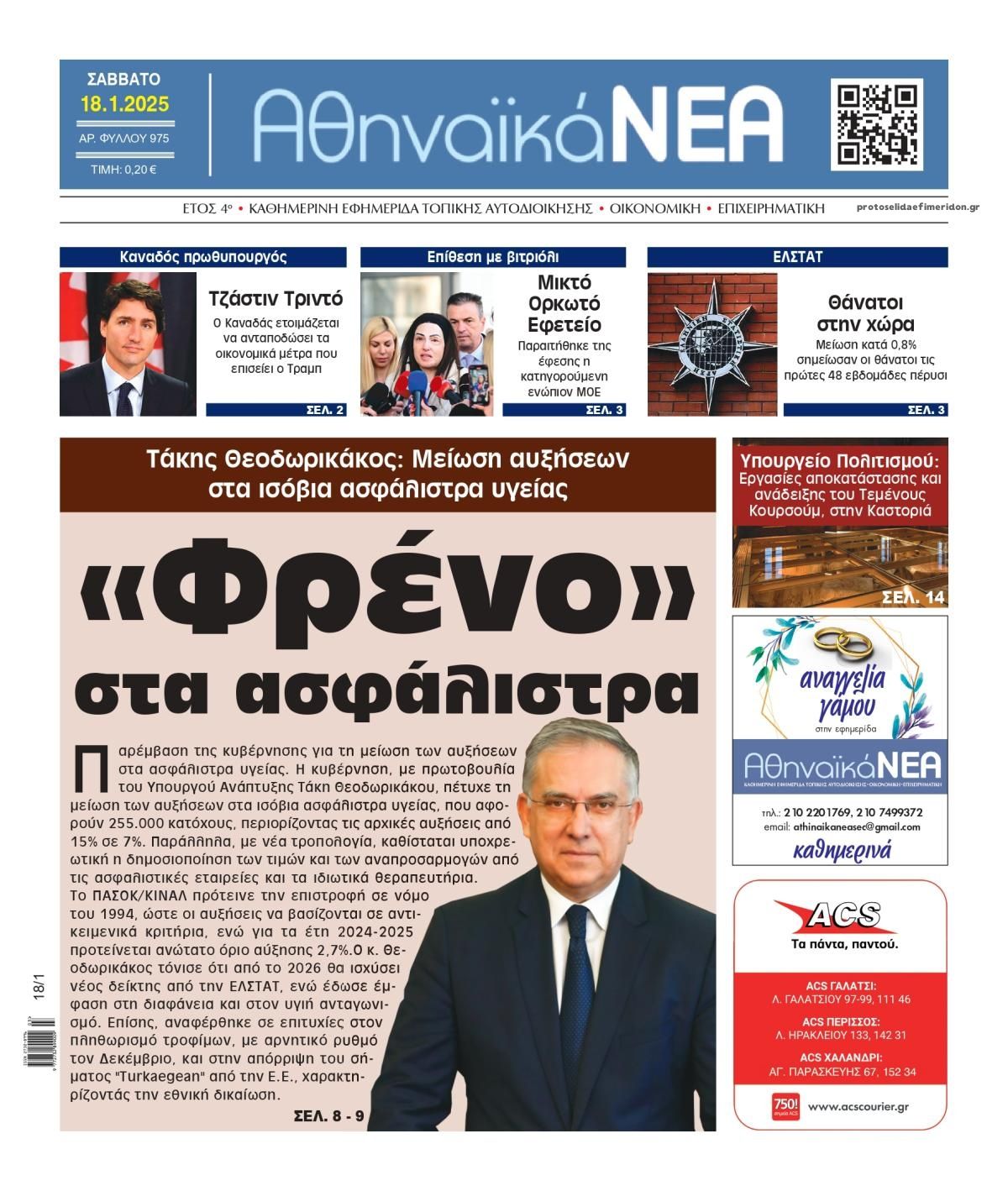 Πρωτοσέλιδο εφημερίδας Αθηναϊκά Νέα